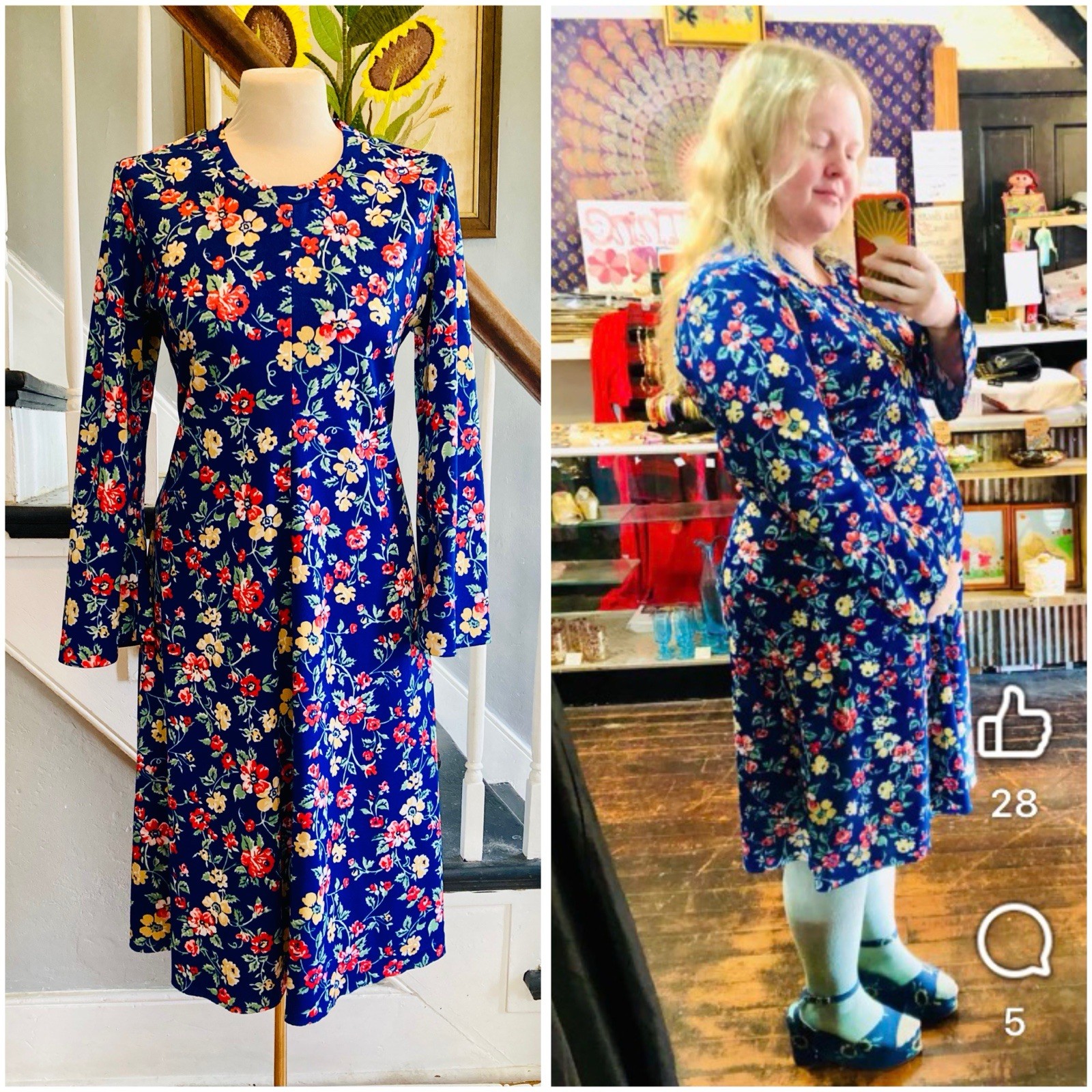 1970s Blue Floral Midi Dress Disco Hippie Boho Day Dress Wear To Work Volup
