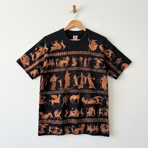 Vintage 90s Fruit of the Loom Greek Mythology All Over Print T-Shirt Large Black