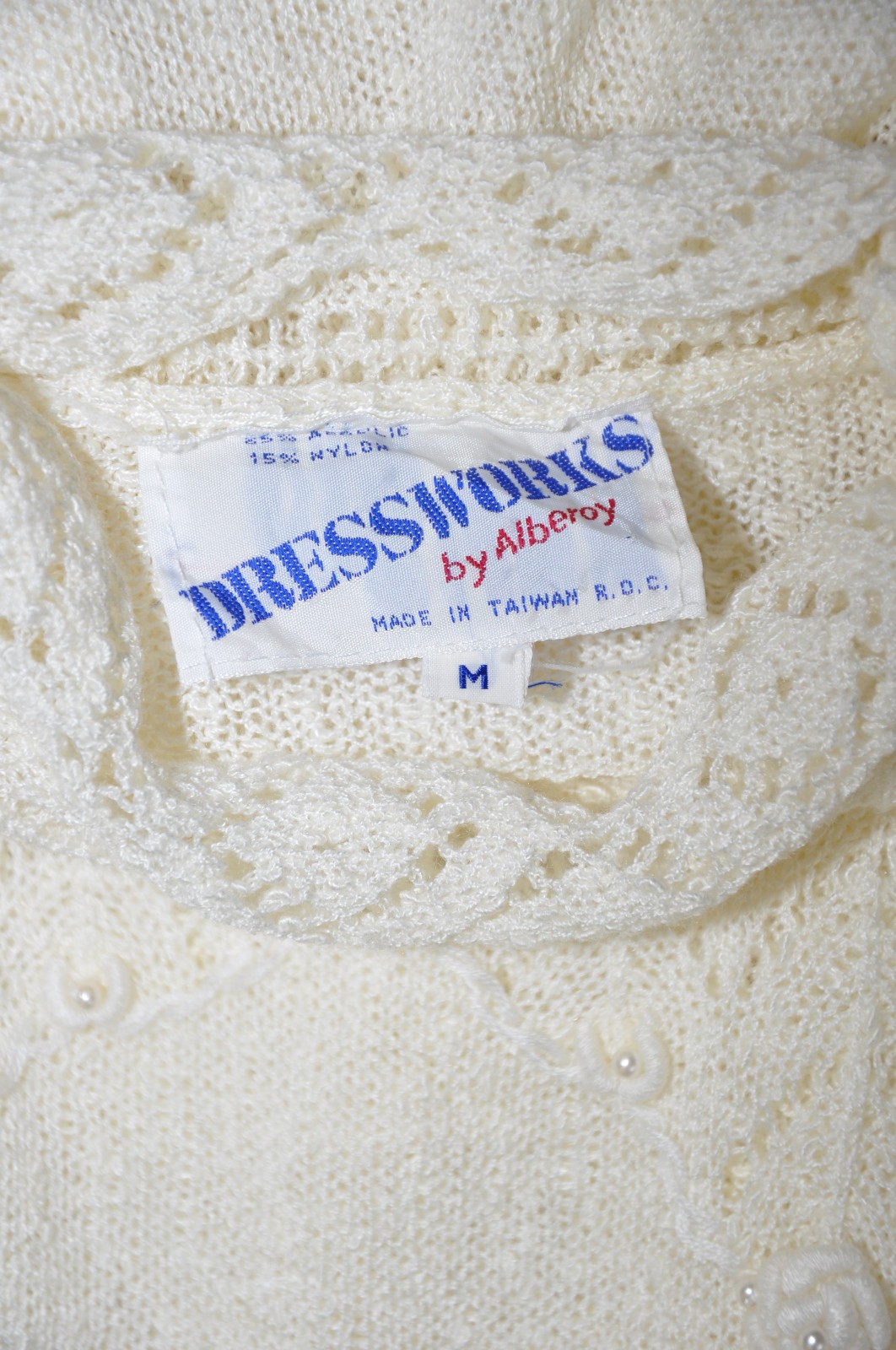 70s Vintage Cream Off White Pointelle Knit High Neck Pearl Sweater Dress Women M