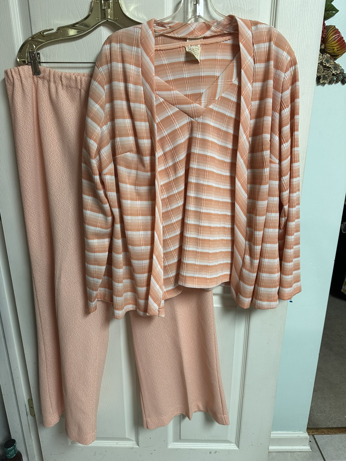 70’s 3 Pc Leisure Pant Suit Sz Stripe Peach Orange Sz 22 3xl Grandma Stretch Set