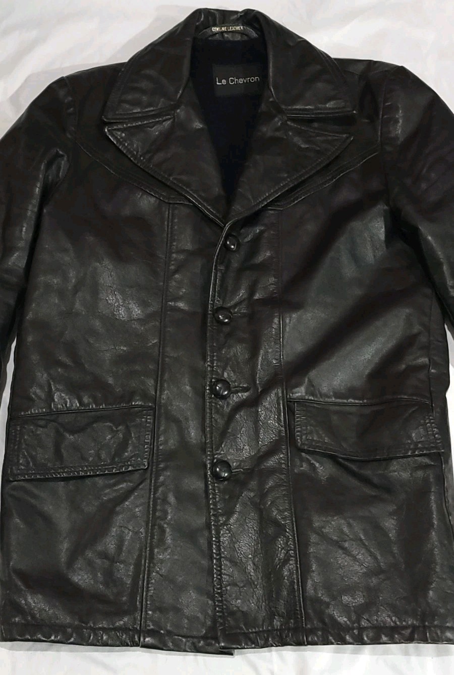 Vtg 70s LE CHEVRON Black Leather Car Coat Jacket Blazer Men’s 36 Slim S 1970s