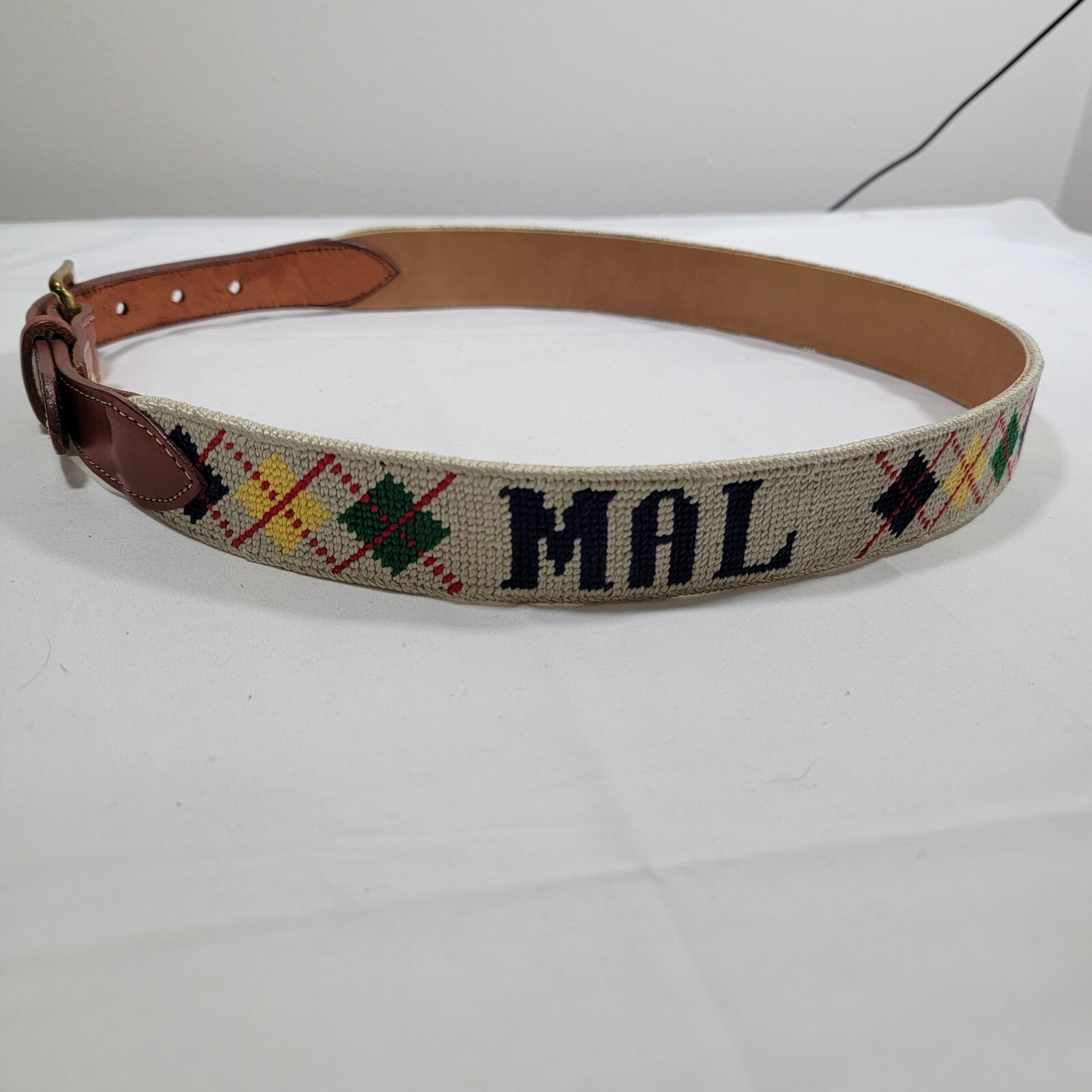Vintage MAL Embroidered Diamond Print Spell Out Unisex Size 34 Leather Brass…