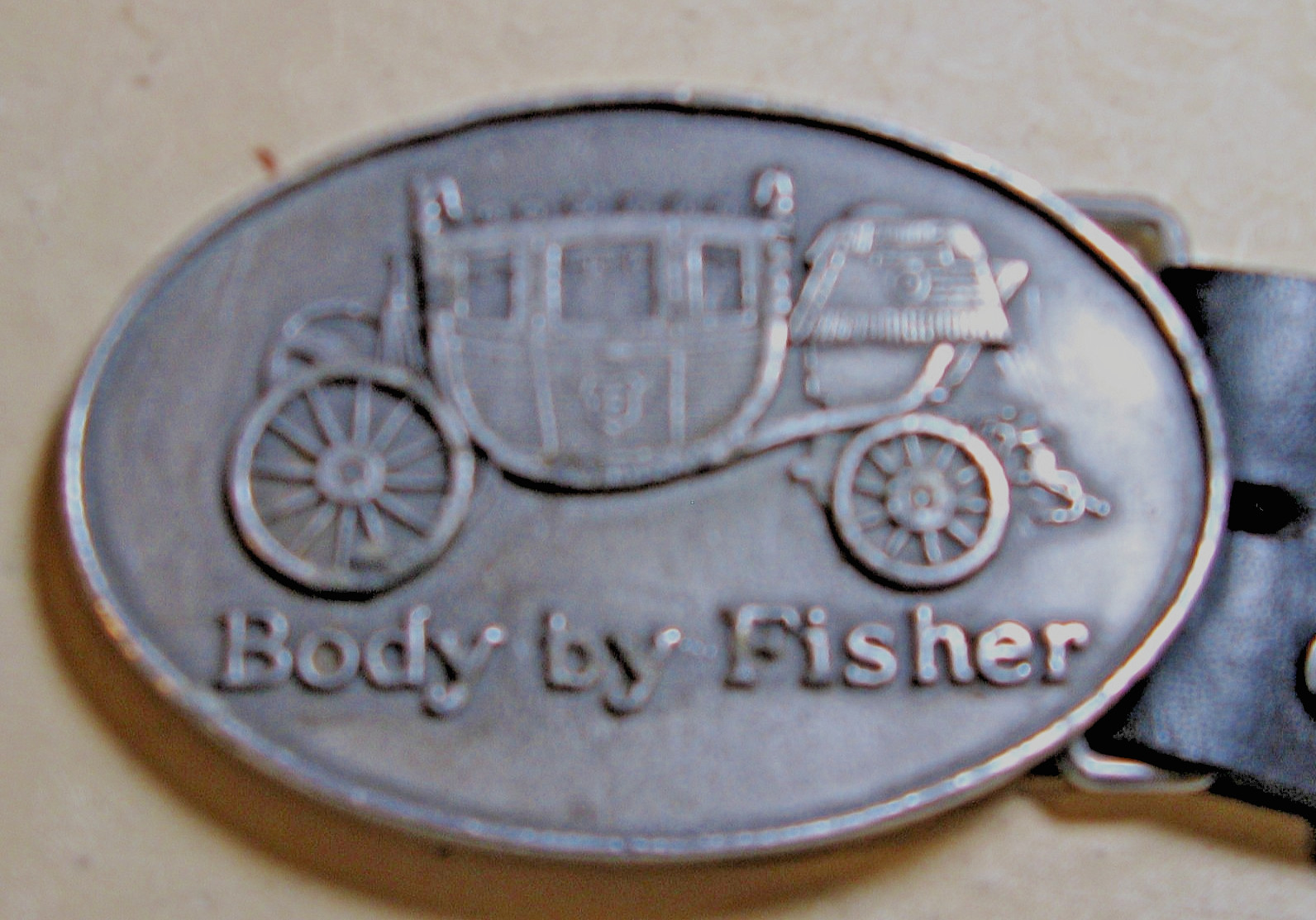 Body By Fisher Pewter Belt Buckle + 34″ Saddle Leather Belt