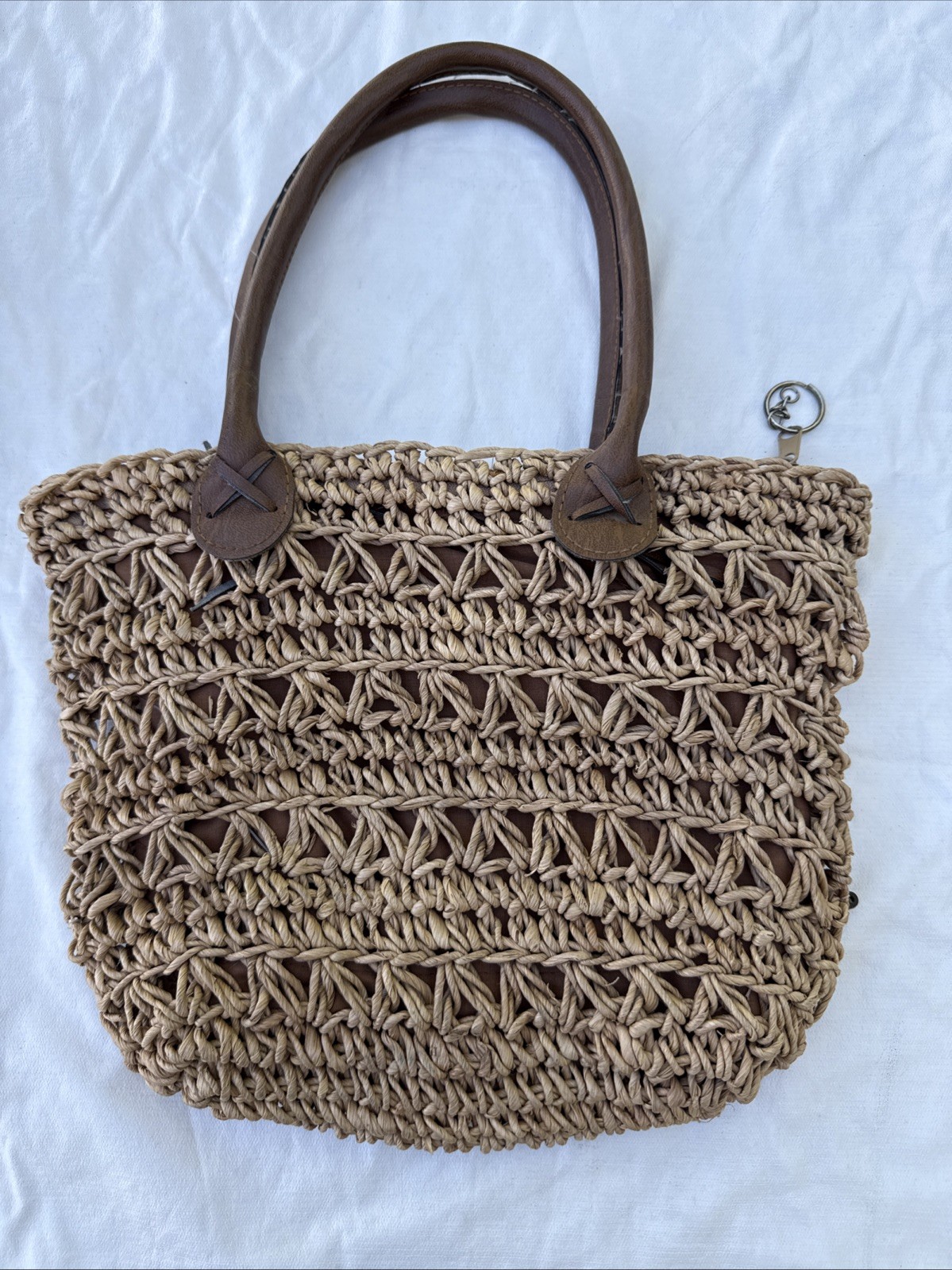 Boho Vintage Woven Bag Wooden Beads Faux Leather Handles Natural inside zipper
