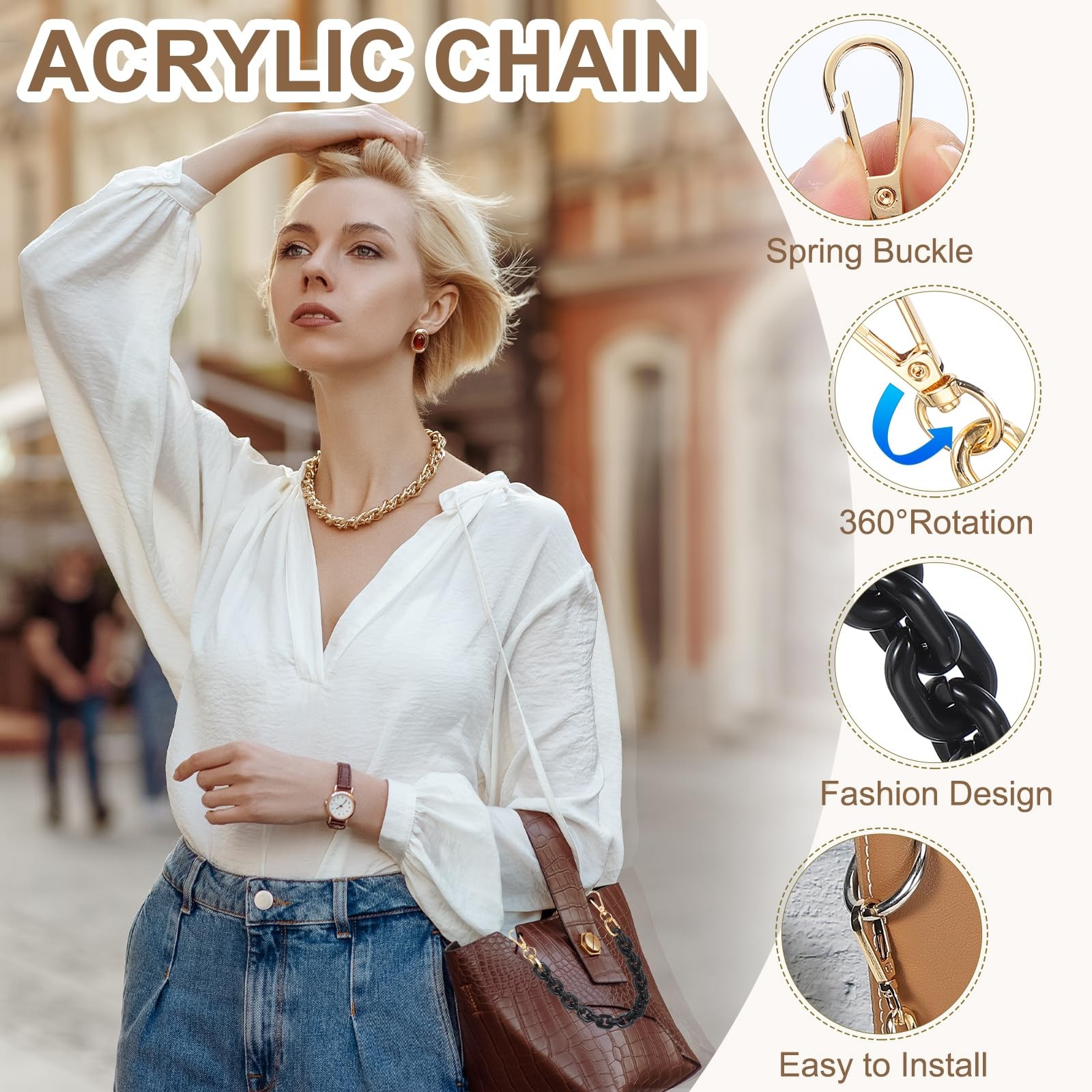 PATIKIL Acrylic Purse Strap, 15 Inch Chain 15″, White/Brown
