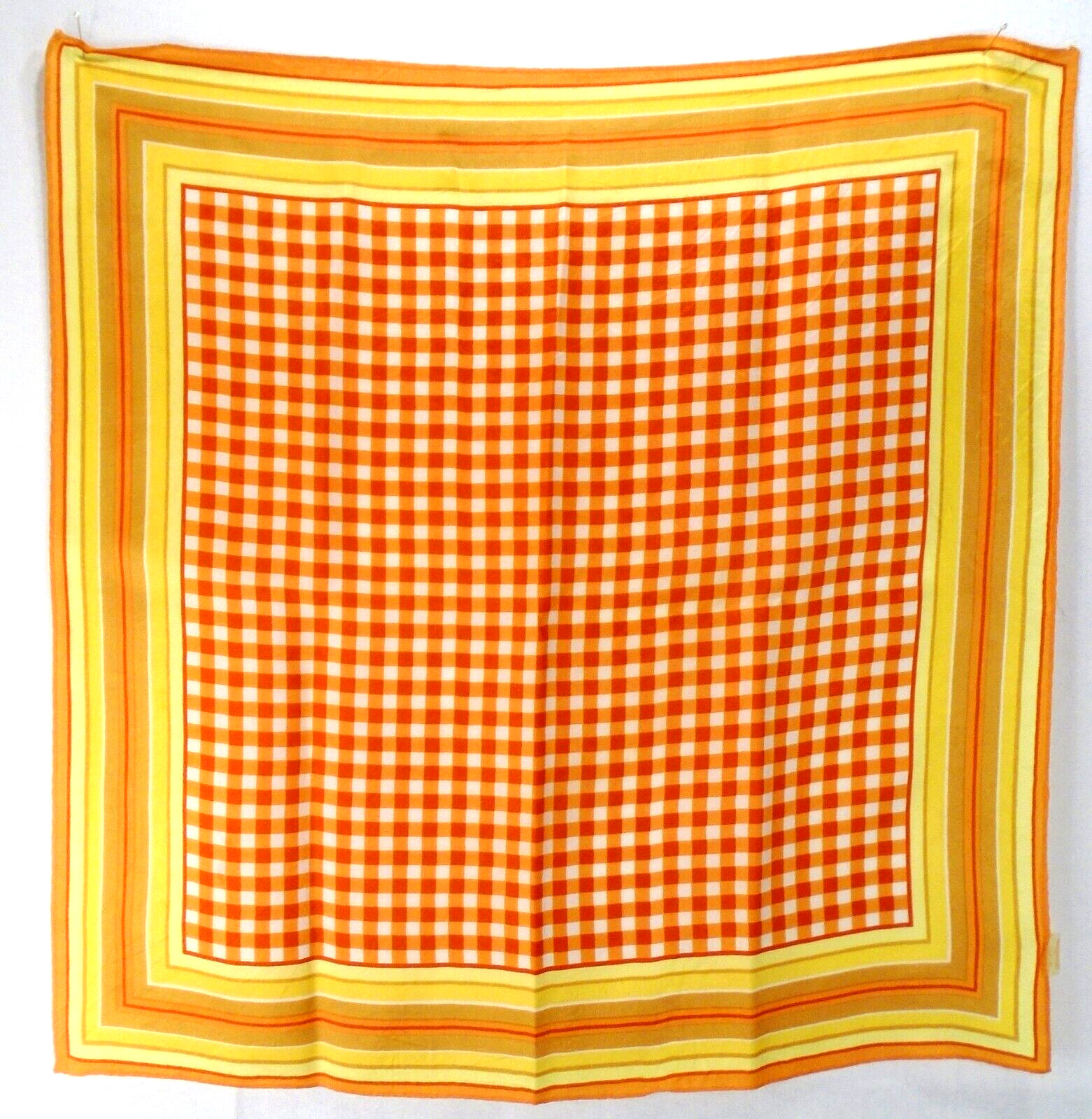 Vintage Alentex Orange Yellow Plaid Stripes Square Acetate Scarf 22.5″ Japan