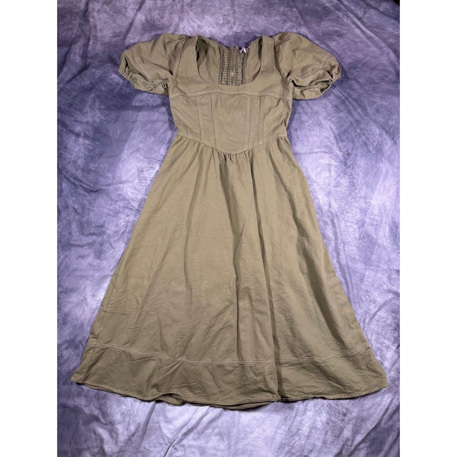 Renaissance Faire Olive Green Corset Midi Dress L Puff Sleeve Cottage Prairie