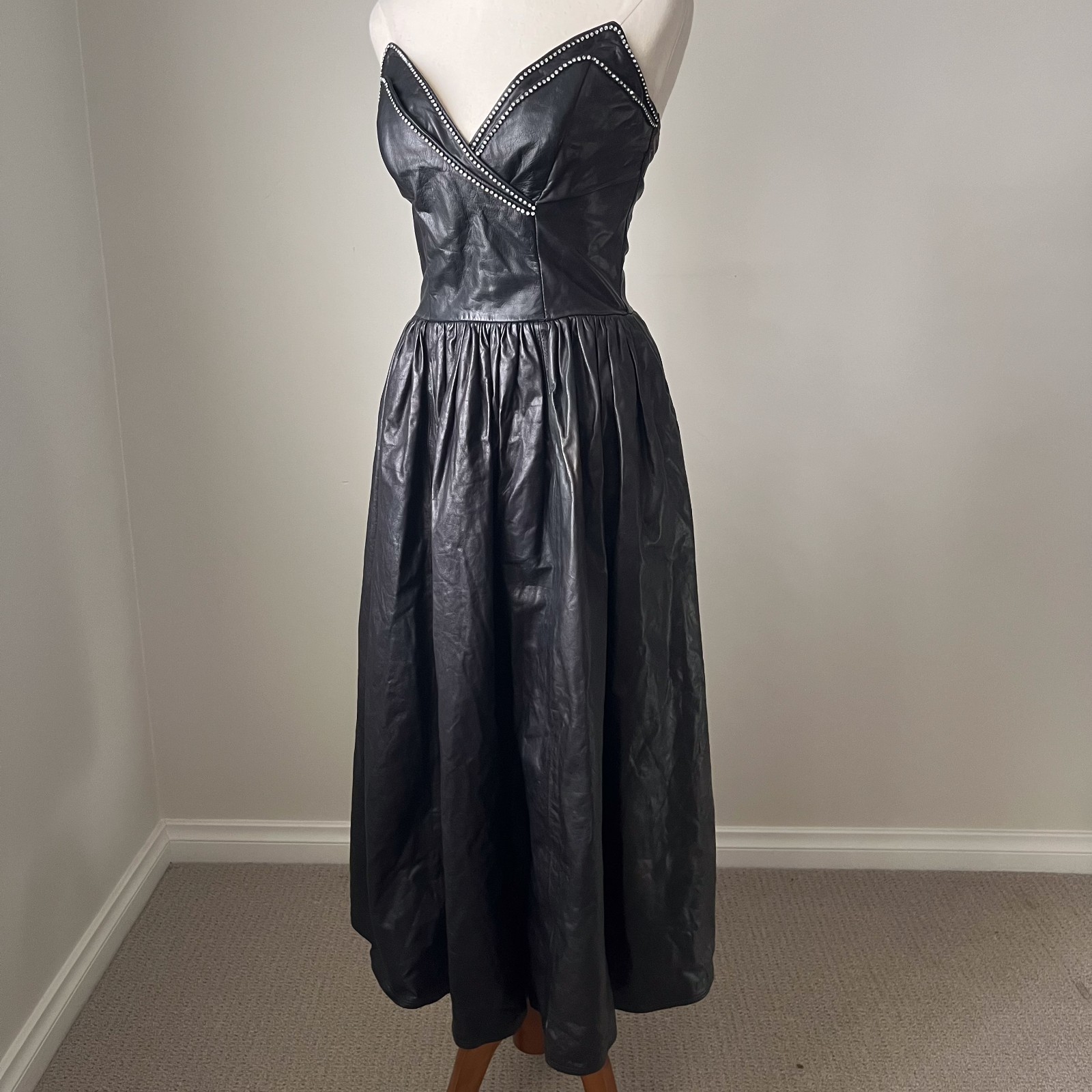 Vintage 1980s Strapless Black Leather Dress – Rhinestone Studded Glam Rock Party