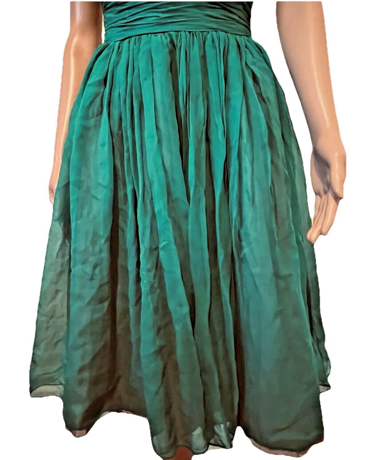 VTG 50s Emerald Green Cocktail Dress Bains Las Vegas Rhinestone Spaghetti Straps
