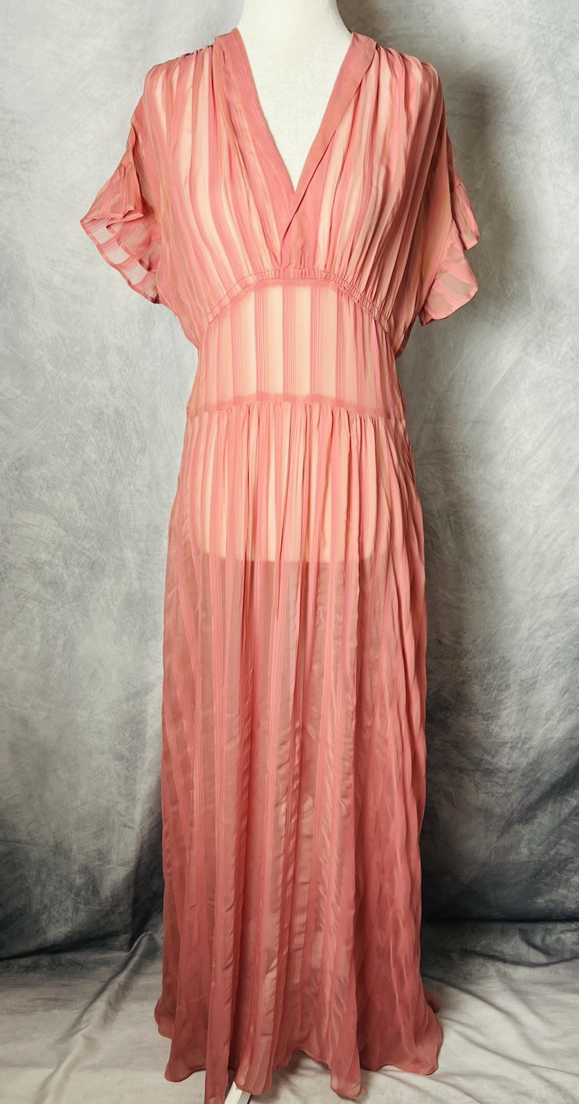 Vintage 1930s Mauve Pink Sheer Striped Dress Overlay Flutter Sleeves Size M/L