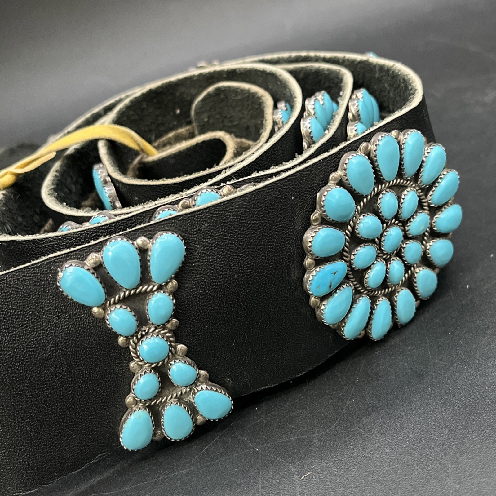 Vintage Sterling Silver and Turquoise Concho Black Leather Belt Buckle Hallmark