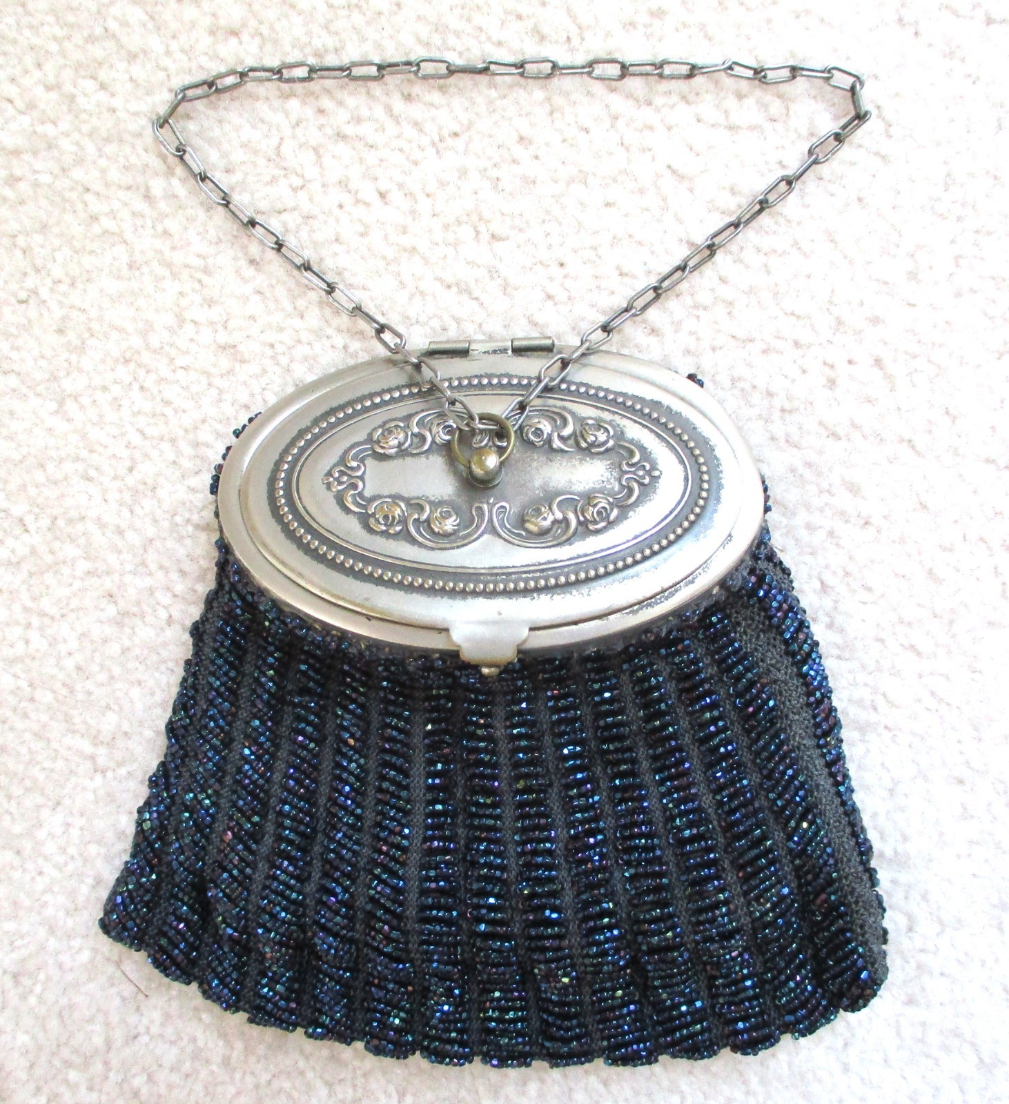 ANTIQUE Blue Aurora Borealis BEADED PURSE BAG Oval Silver Embossed Top
