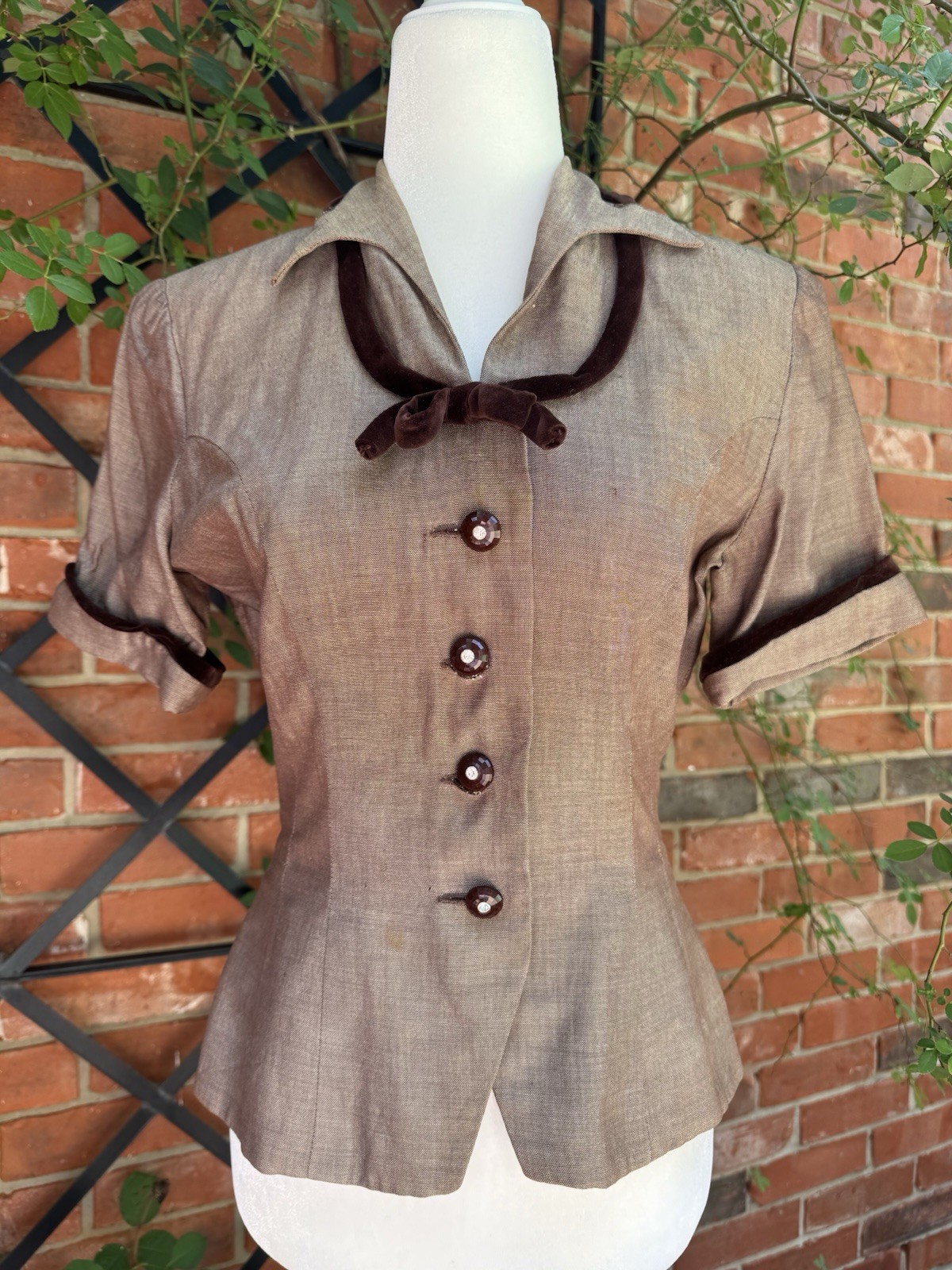 Vintage 1940s 1950s Brown Jacket Top With Snipped Waist Size XS-S