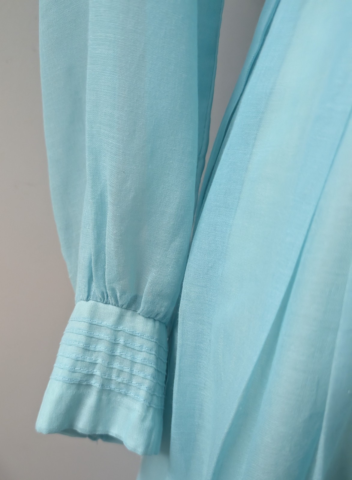 Vintage 60’s Aqua Voile Fit And Flare Dress Sheer Sleeves Pintucks S/M