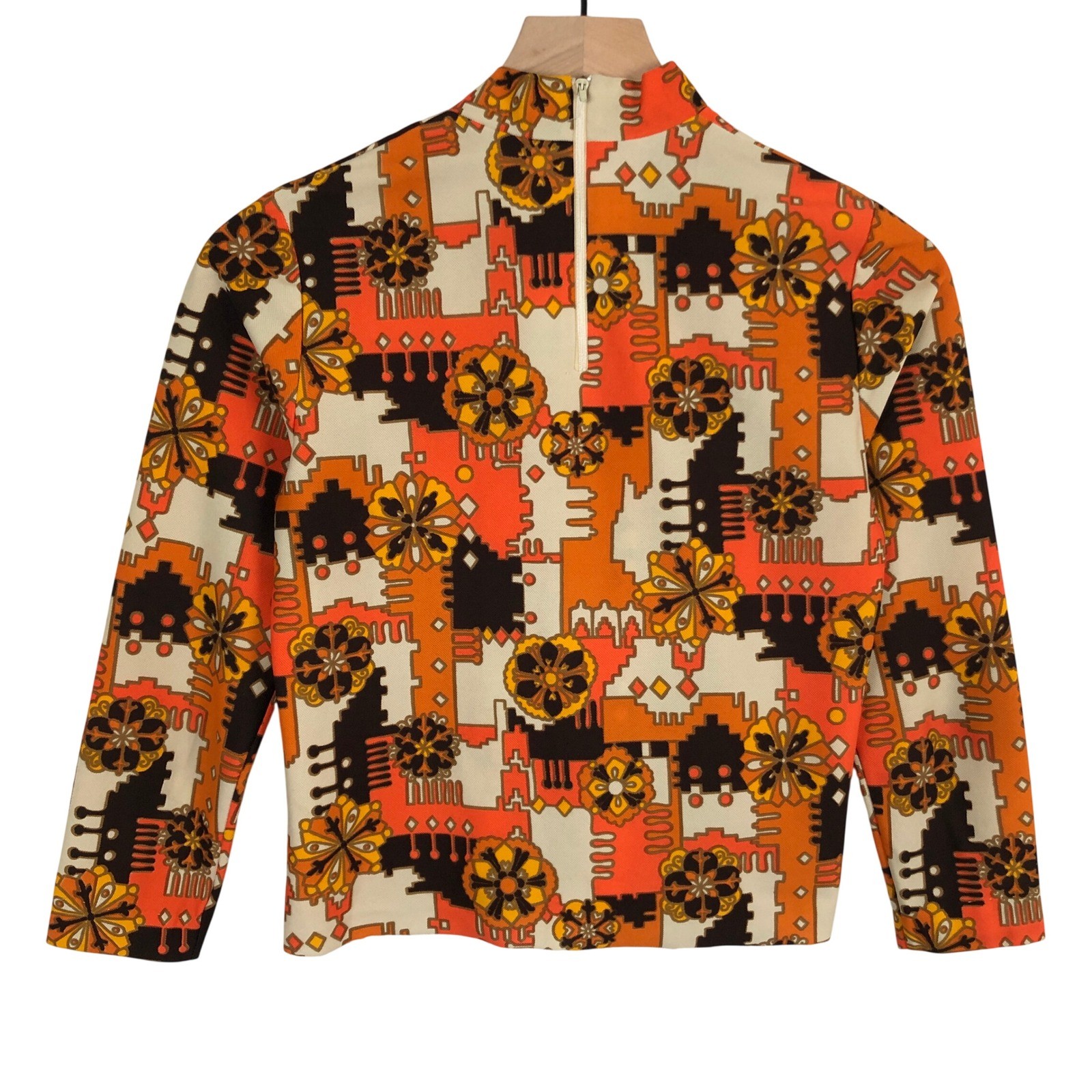 VTG 60s 70s Capital Blouse Psychedelic Mod Mock Neck Top Sz S Cropped 3/4 Sleeve