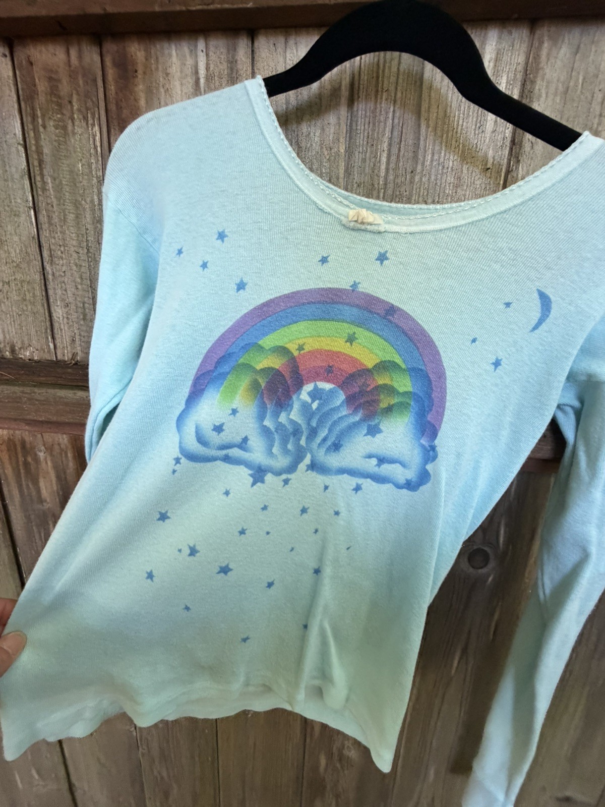 Vintage 70s Airbrush Rainbow Clouds & Stars Baby Rib Long Sleeve T Shirt Hippie