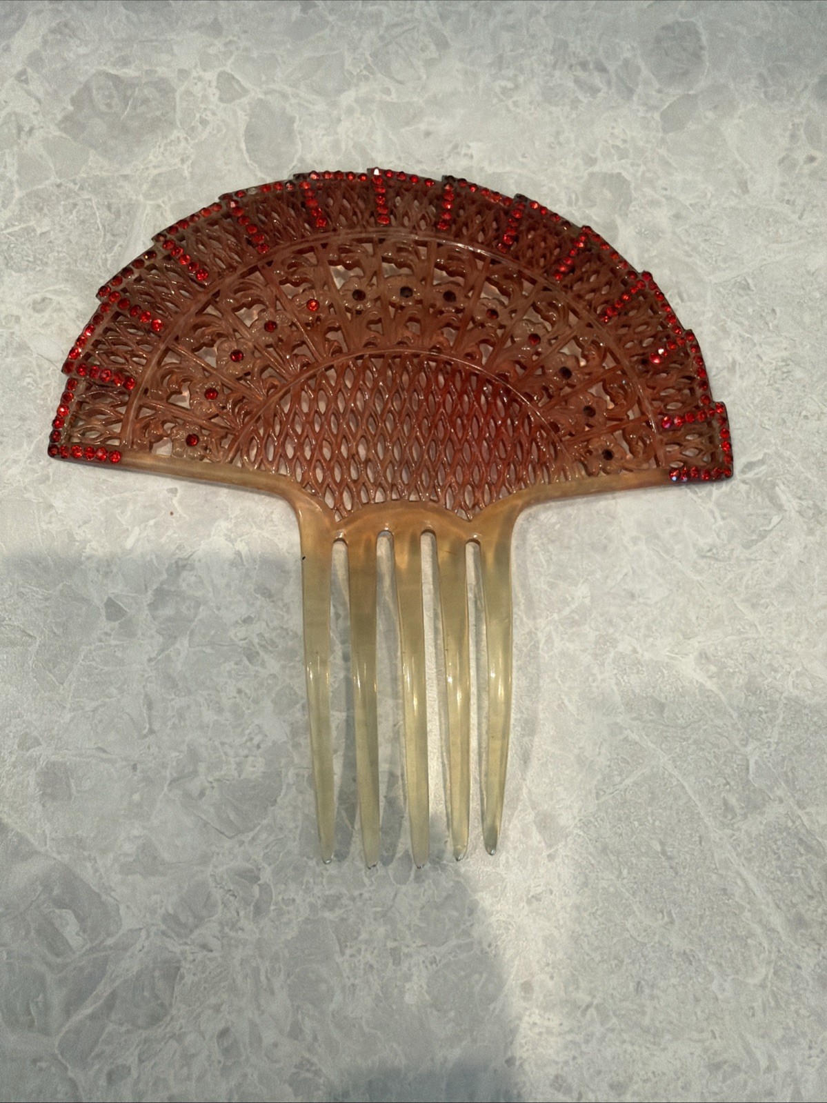 Vintage Hair Comb Art Deco Celluloid Fan Design Red Rhinestones 6 In X 6 1/2.