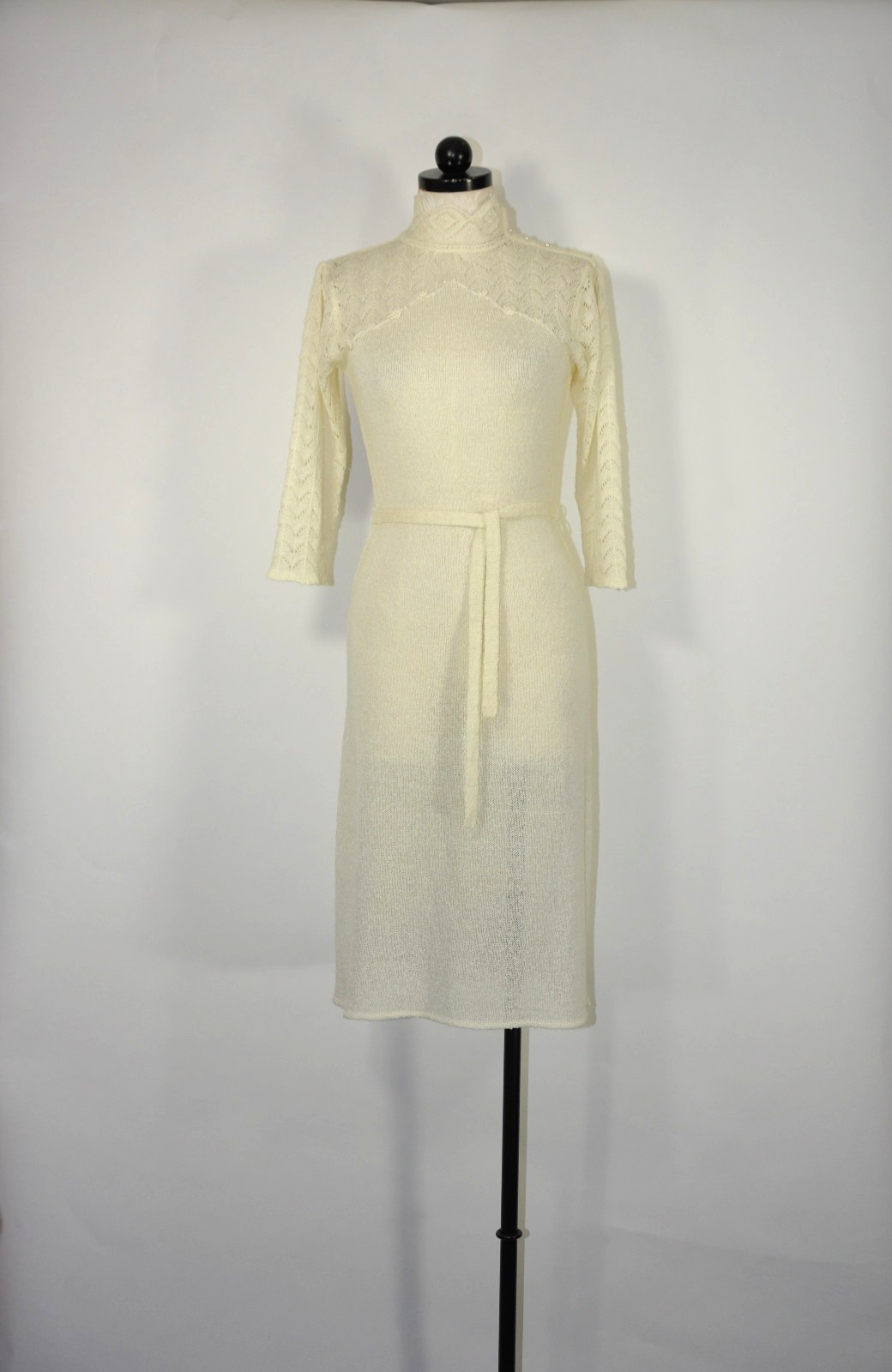 70s Vintage Cream Off White Pointelle Knit High Neck Pearl Sweater Dress Women M