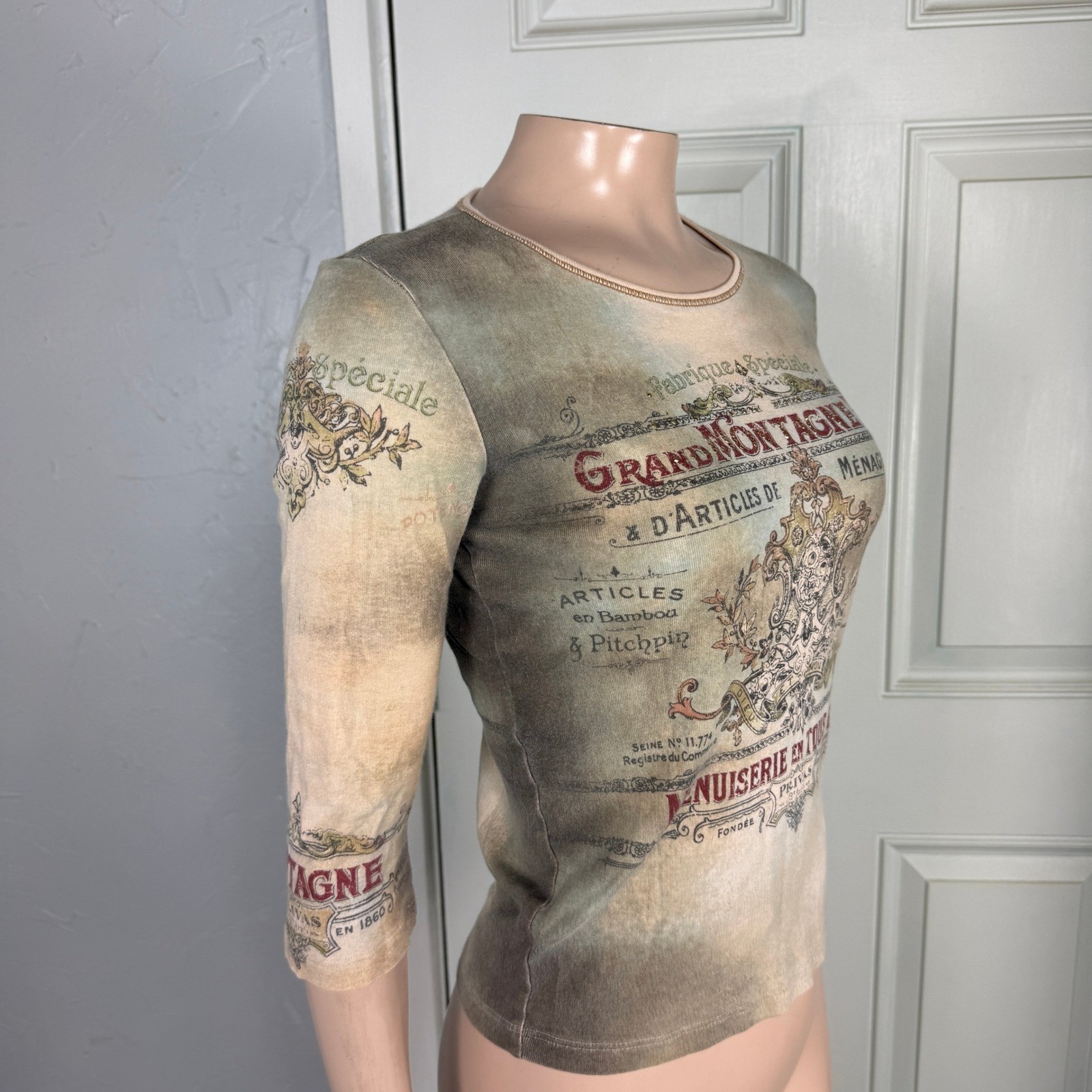 Vintage Y2K Shirt jamee J Cotton Baby Tee Knit Small Print Crew 3/4 Sleeve W3-7