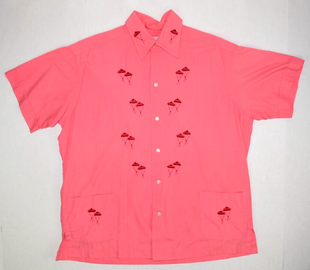 Vintage Philippines Guayabera Style Shirt L/XL 50s 60s Embroidered Bamboo Hats