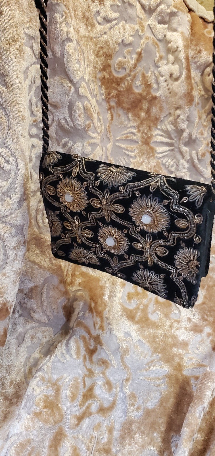 Vintage Zardozi Black Velvet Evening Bag Embroidered Gold Jewel Clutch Club