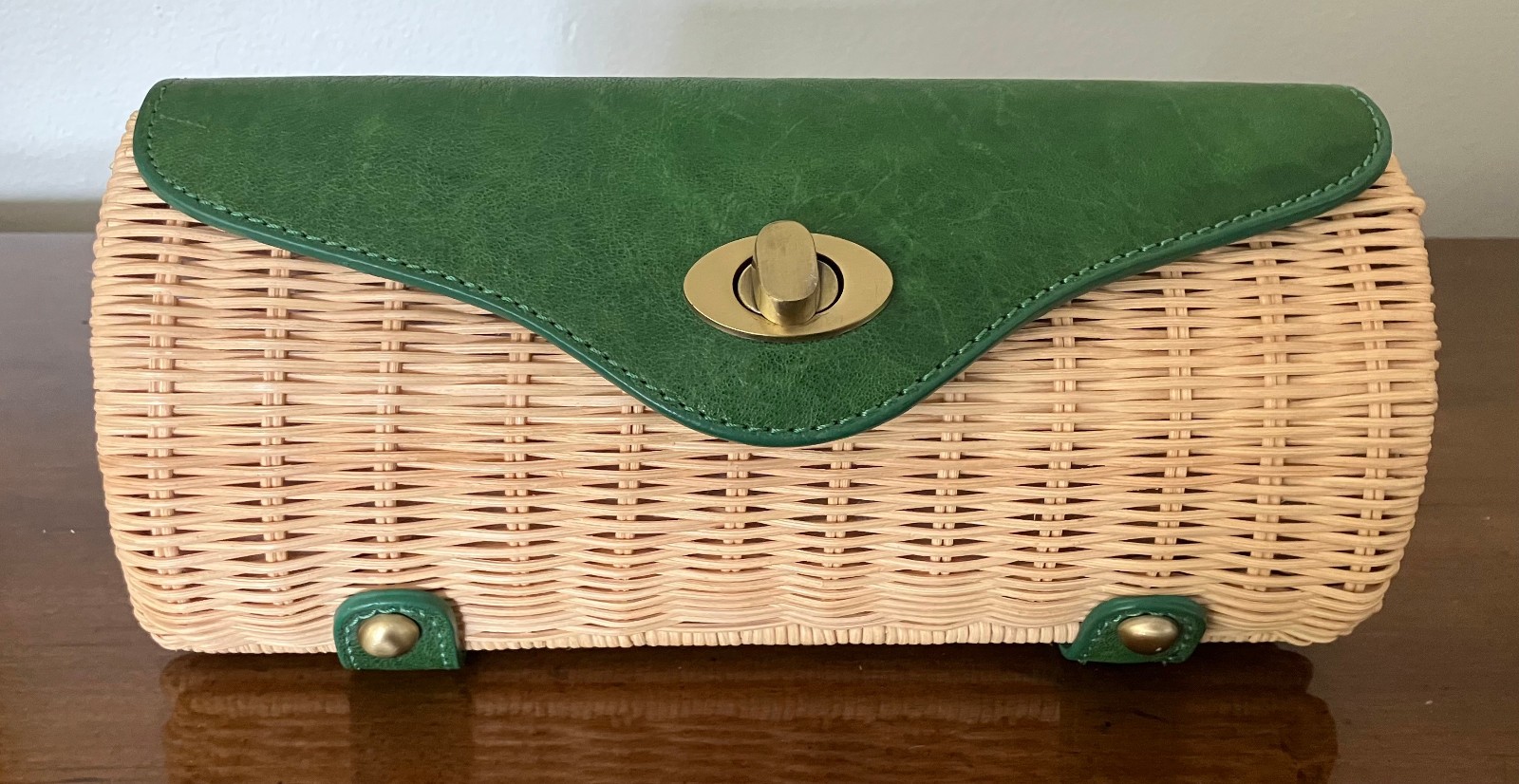 RARE Clutch Hand Bag Vintage Purse Gorgeous Green Leather Trim NOS Made in China