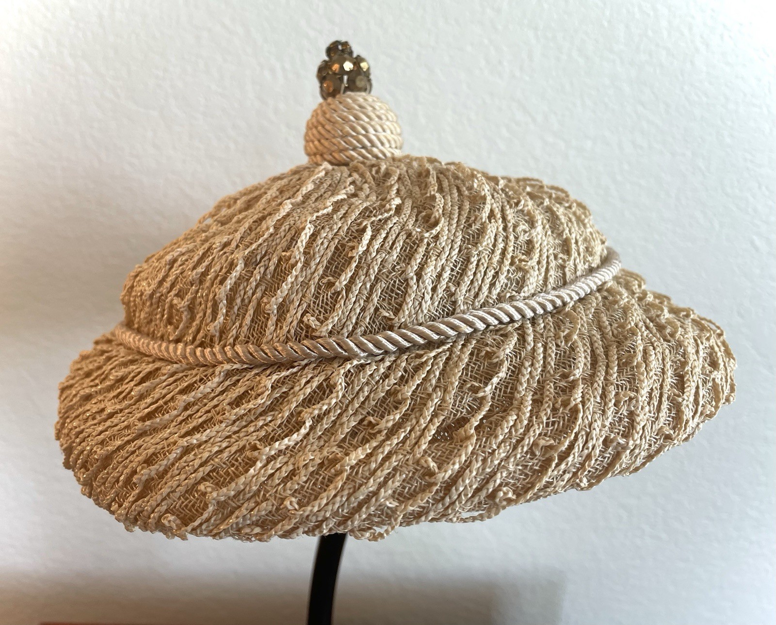Vtg 1960s Jan Leslie Custom Design Cocktail Hat Turban Cloque Bead Mid Century