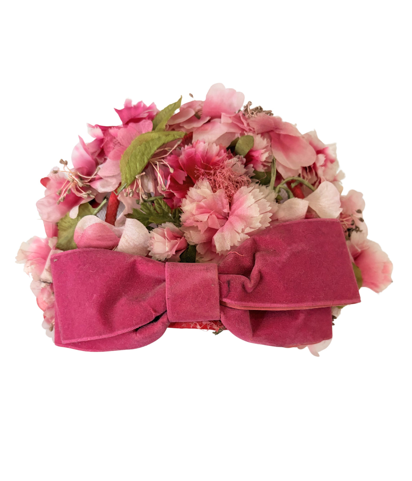 Vintage 1950s Pink Floral Pillbox Hat Fascinator Union Made Velvet Bow Millinery