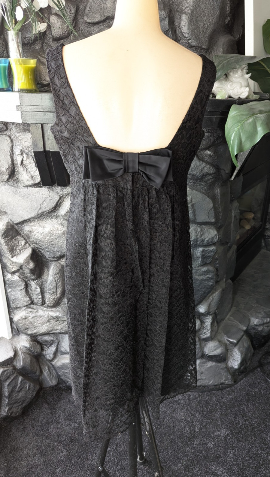 60s Vtg Black Lace Mini Dress Plunging Back Bow Train Cocktail Evening Cruise L