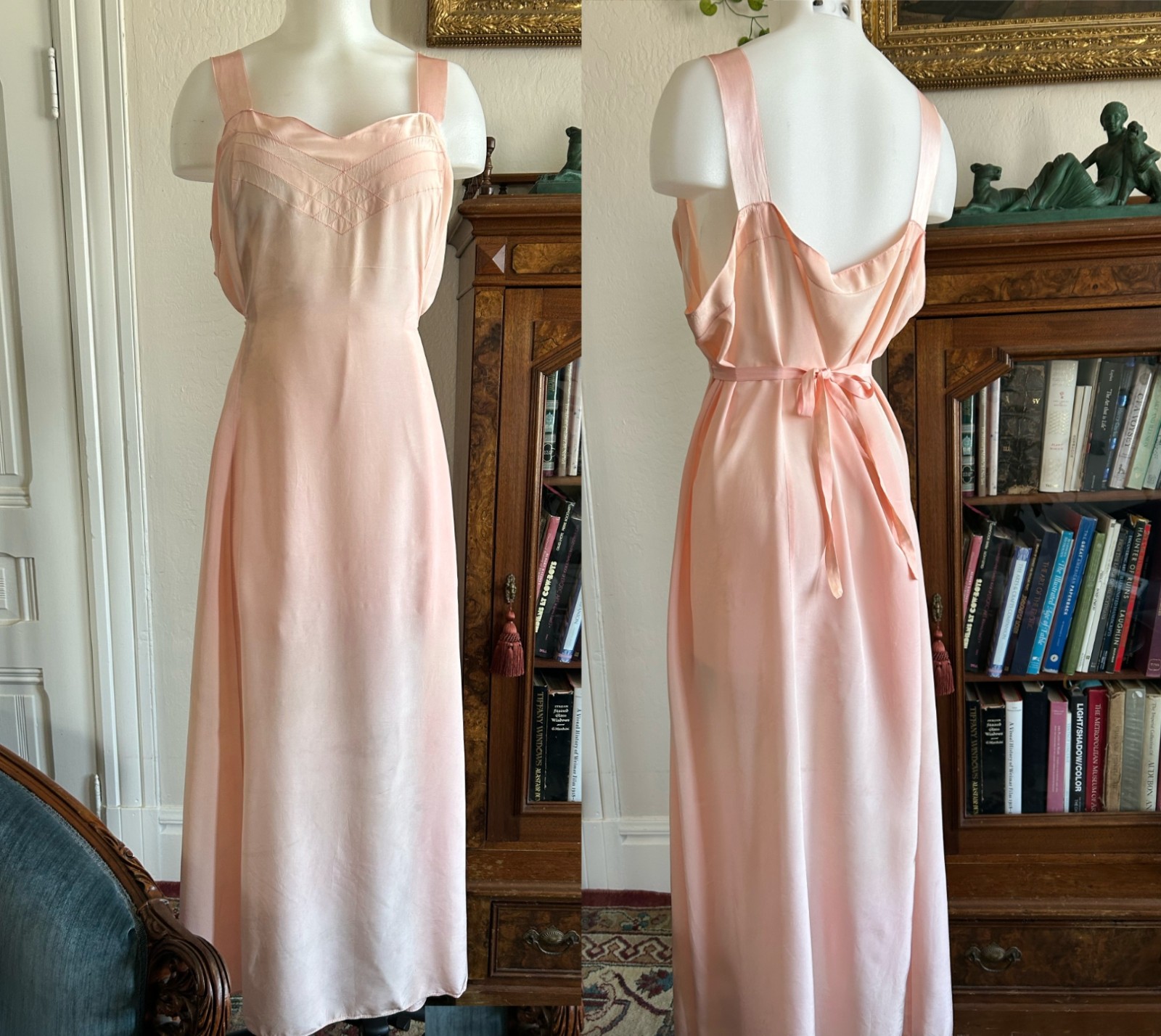 Vintage 20s 30s Rayon Bias Cut Nightgown Blush Pink Lingerie Dress M/L VTG