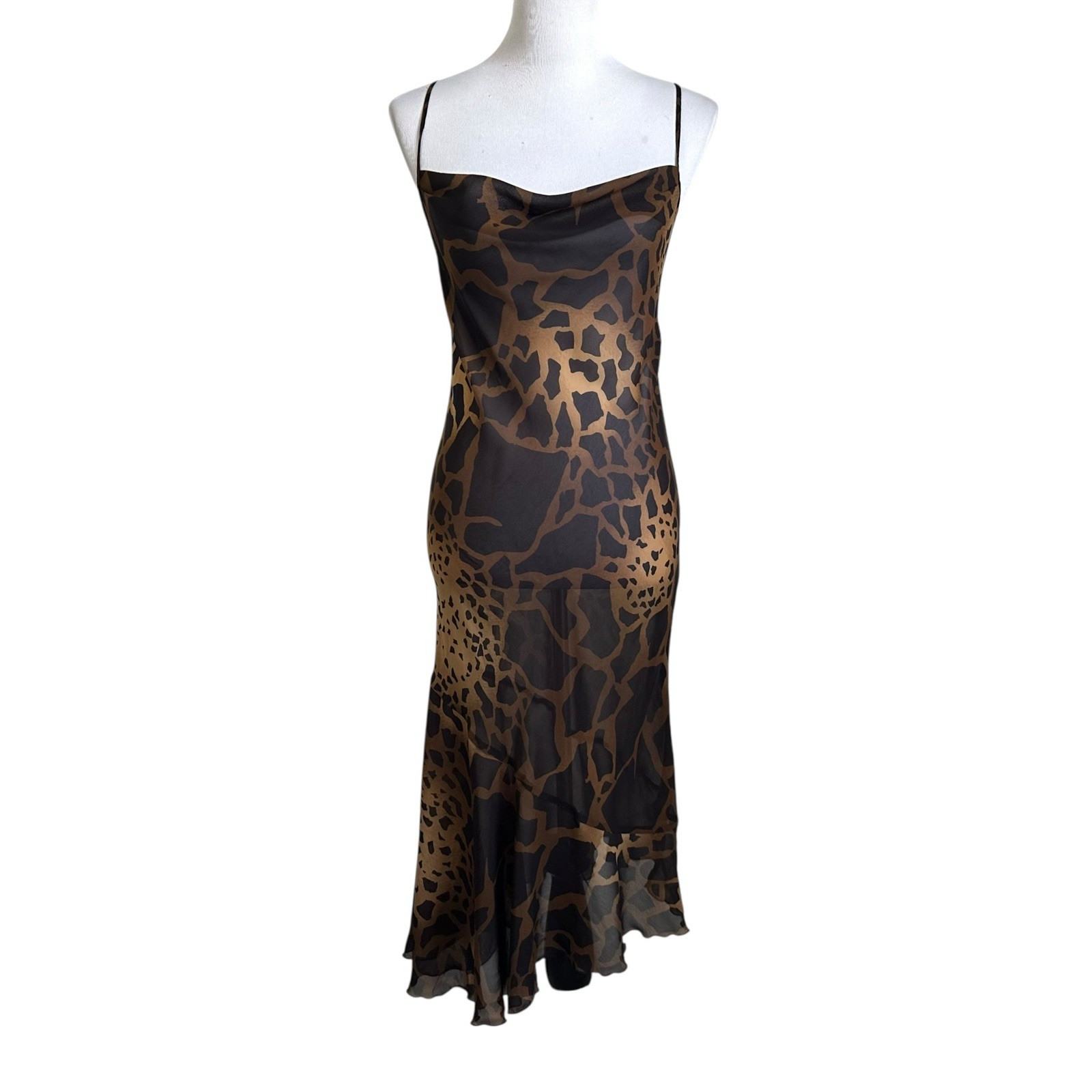 Vtg Y2K 90’s Asymmetrical Sleeveless Animal Print Semi Sheer Dress Small Brown