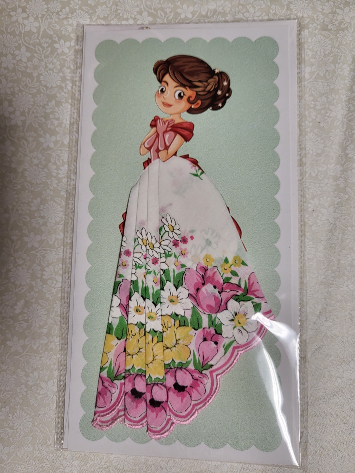 Retro hanky handerchief card; retro, full skirt, any occasion card; pink