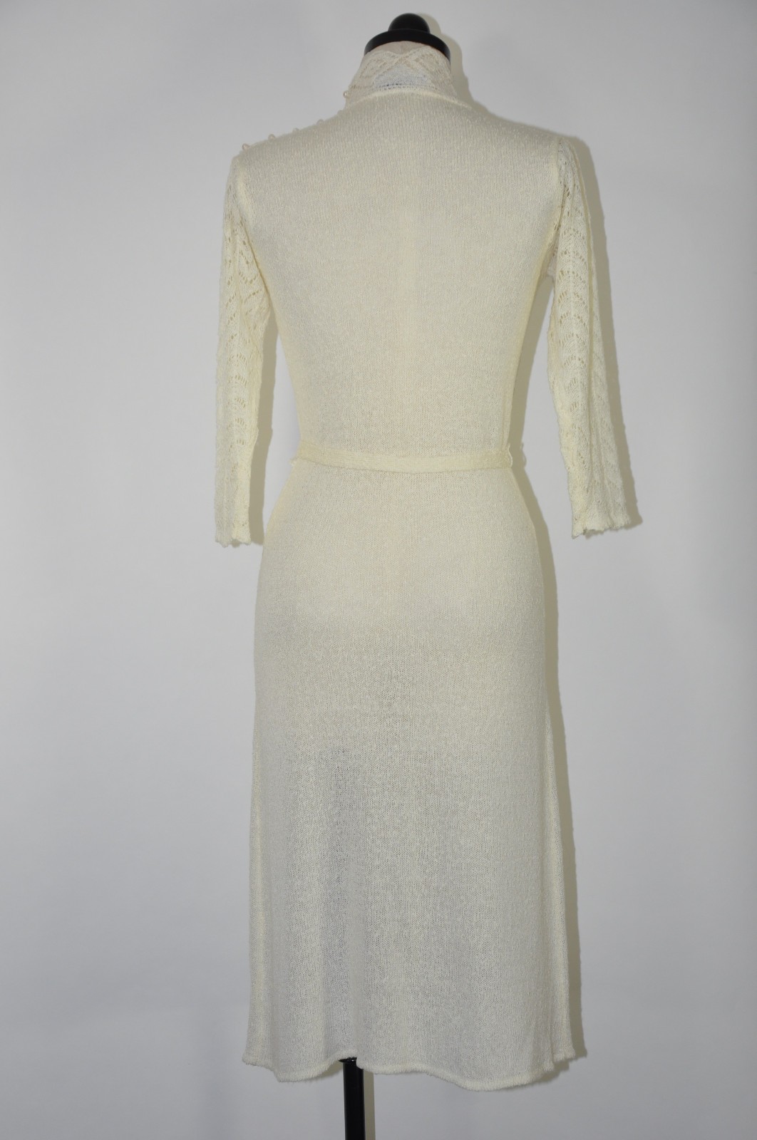 70s Vintage Cream Off White Pointelle Knit High Neck Pearl Sweater Dress Women M