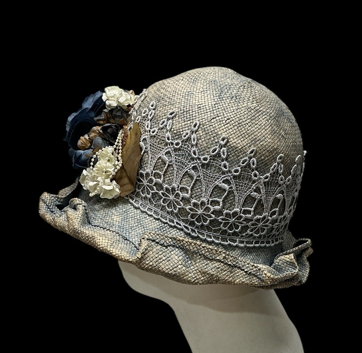 Floral Trim Cloche Hat Lace Ribbon Ruffled Brim Garden Party Costume ~22