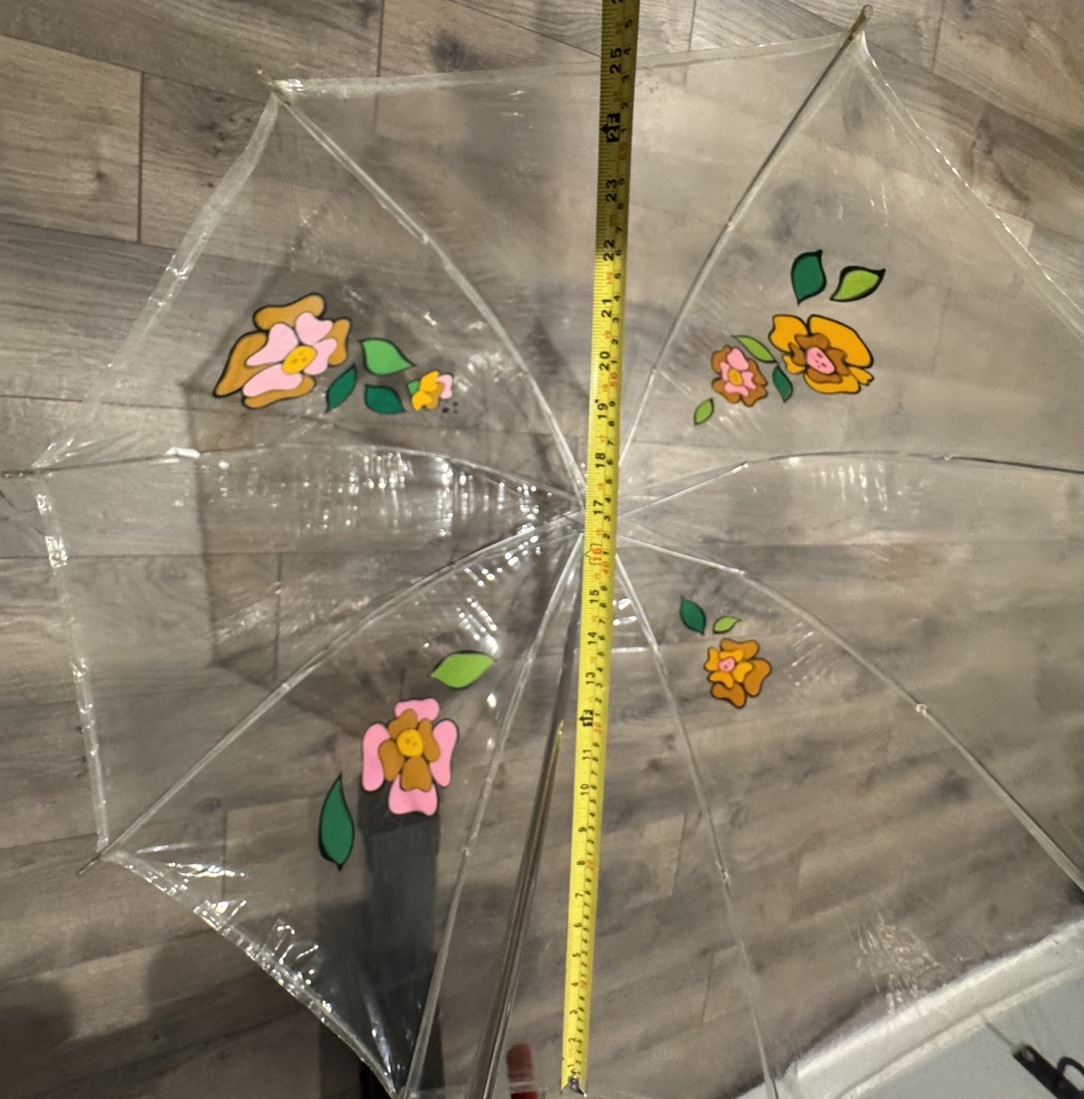 Vintage 70’s Dome Bubble Rain Umbrella Clear Vinyl MOD Flowers 28″D X 31″Handle