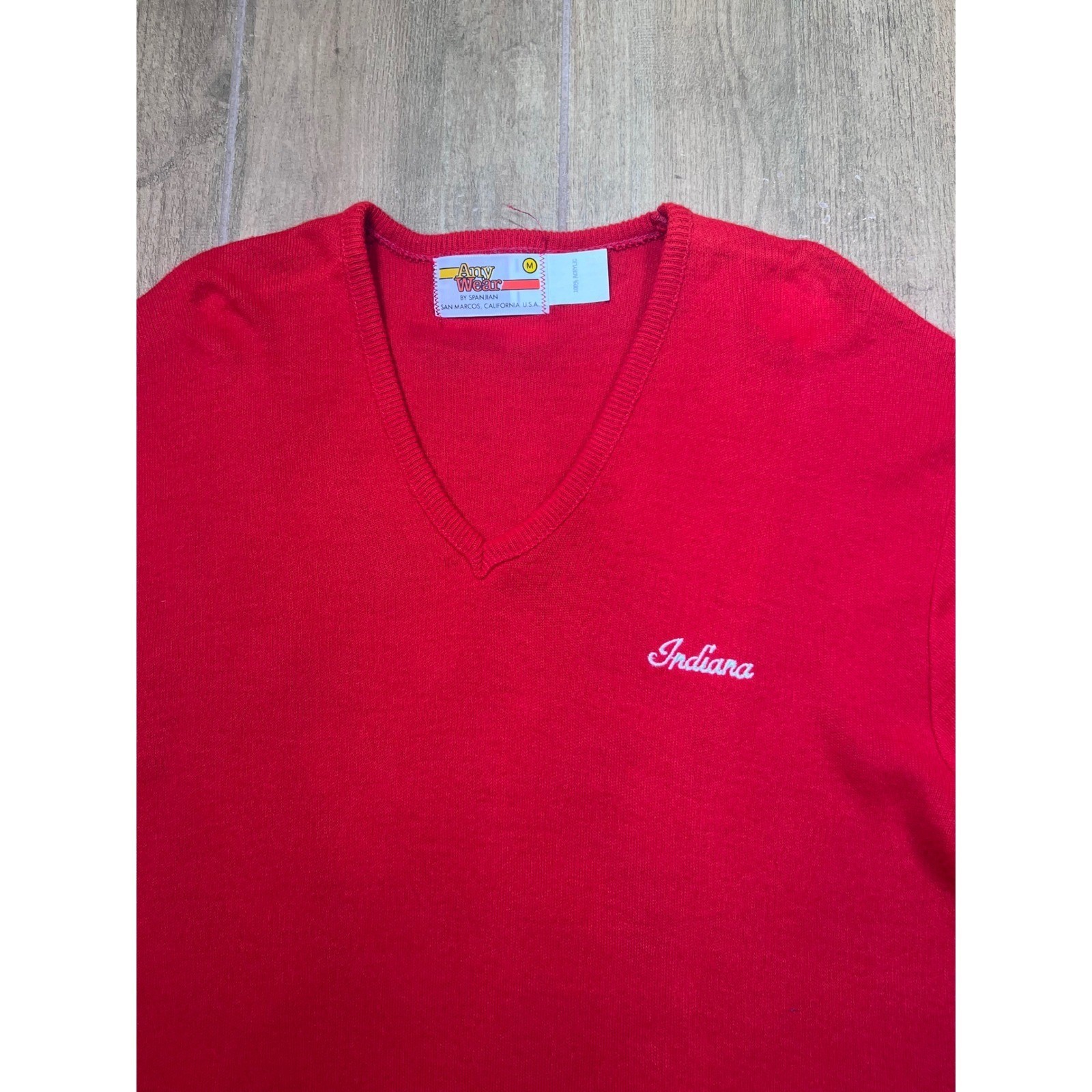 Vintage Any Wear Spanjian Indiana V-Neck Sweater Red Acrylic Knit Womens Medium