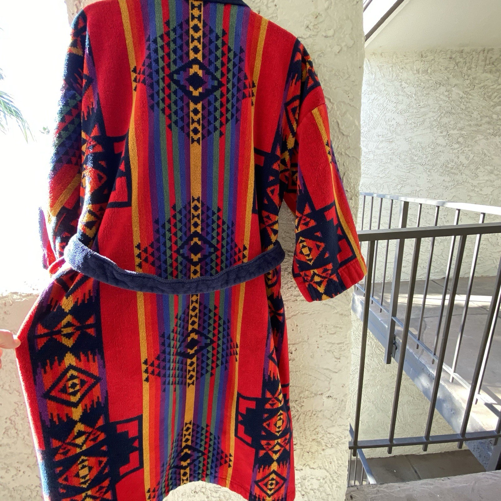 Vintage 80s Blass 100% Cotton Brazil Robe OS Colorful Aztec Southwestern Belted