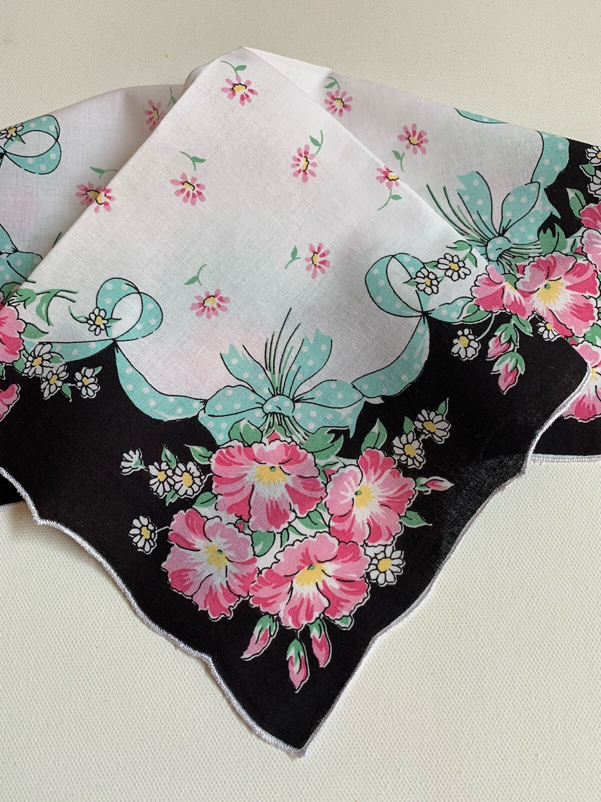 Beautiful New Black Floral Handkerchief ~ Darling Polka Dot Ribbon LuRay Hankie!