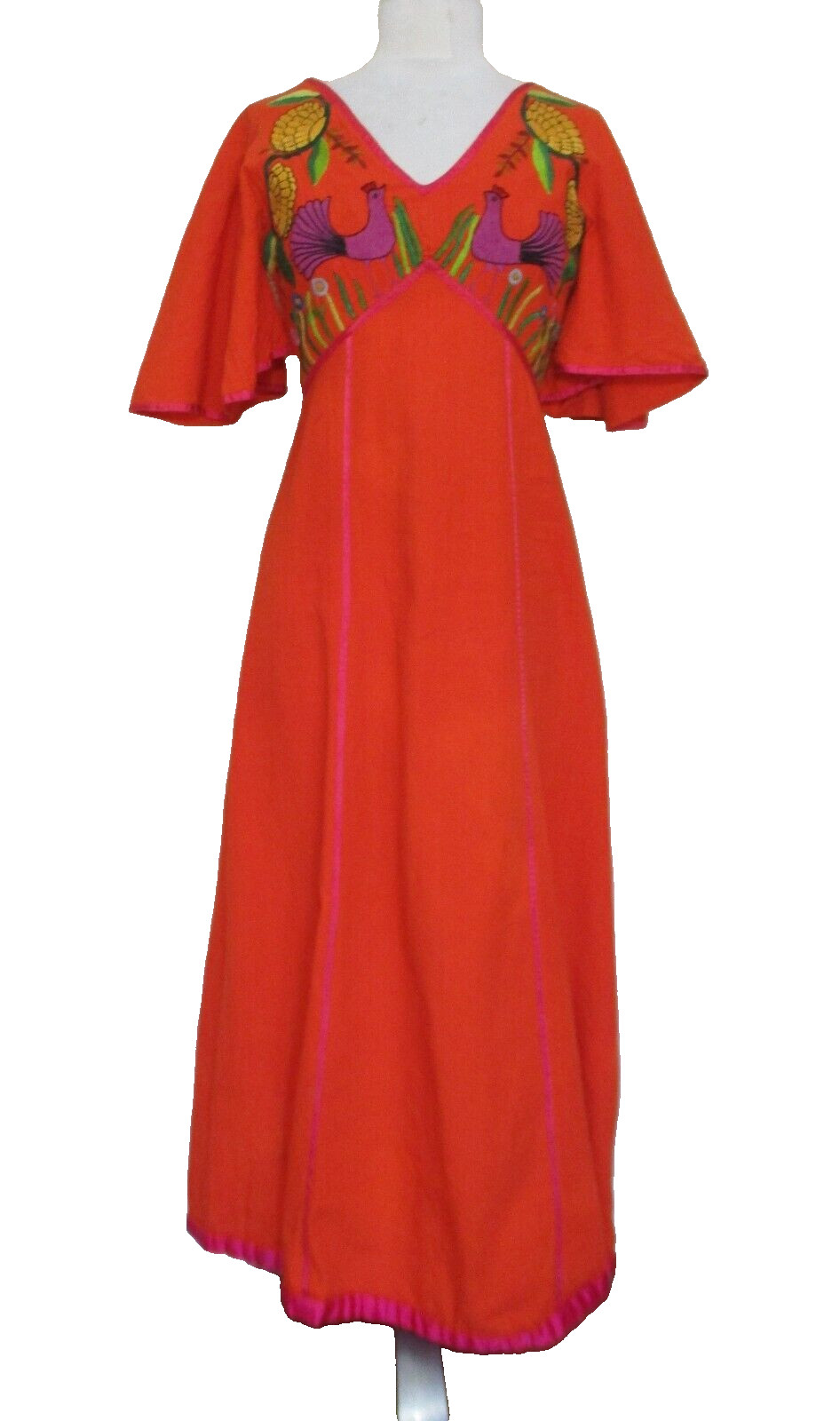 Vintage 60s Gonzalo Bauer Girasol Mexican Maxi Dress Orange Embroidered Cotton