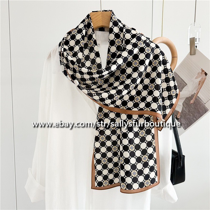 Sallys Boutique Mulberry Silk Crepe Shawl Dots Print Neckerchief Oblong Scarf