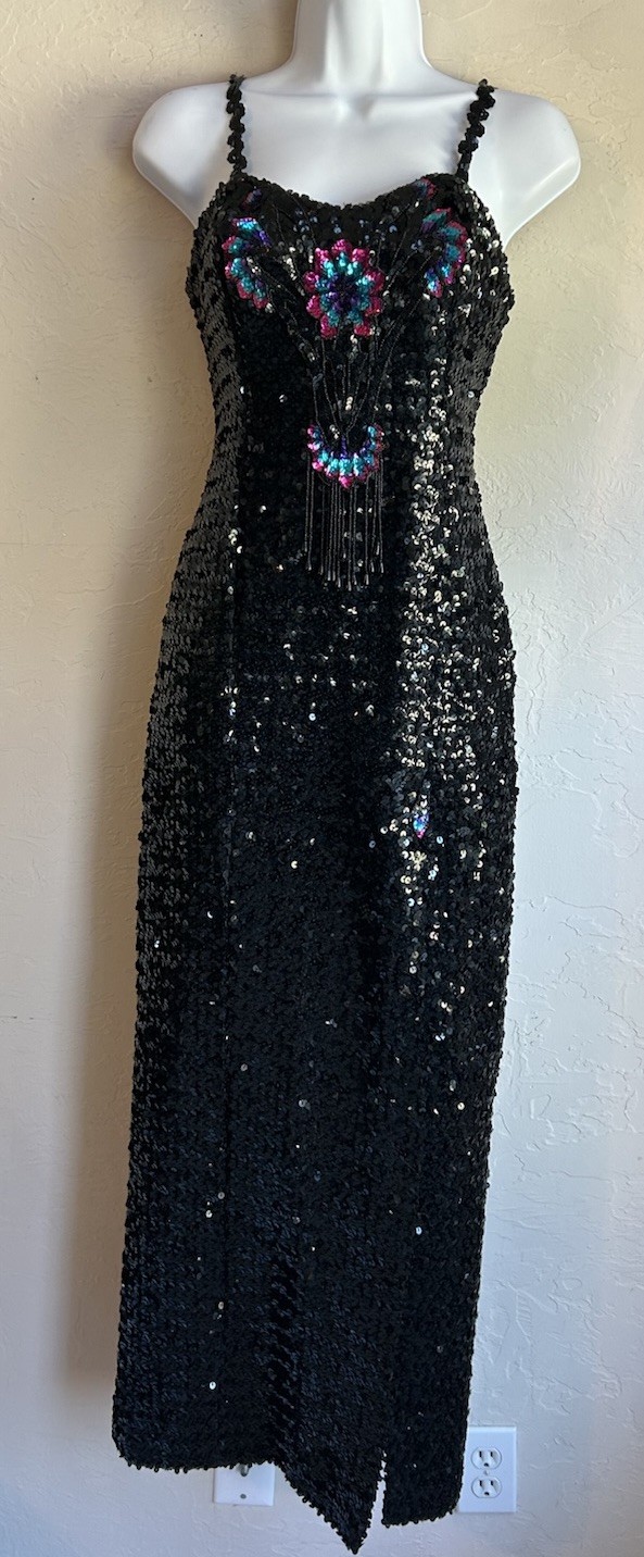 Vintage 80s Sequin Gown XS S Evening Disco Glam Maximalist Art Deco Cabaret