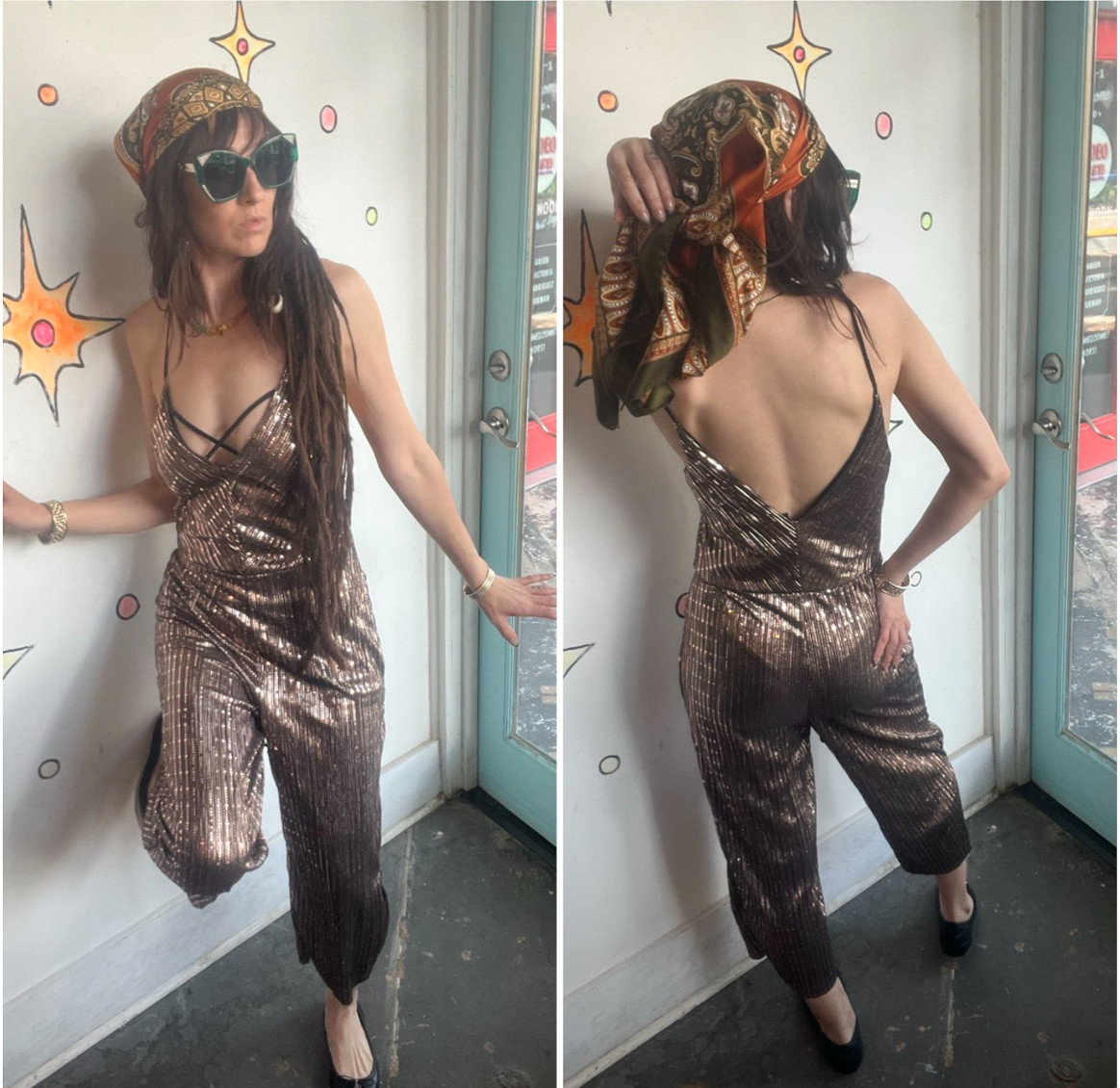 Metallic Gold Y2K Does 70s Disco Wide Leg Party Jumpsuit Retro Clubwear S/M