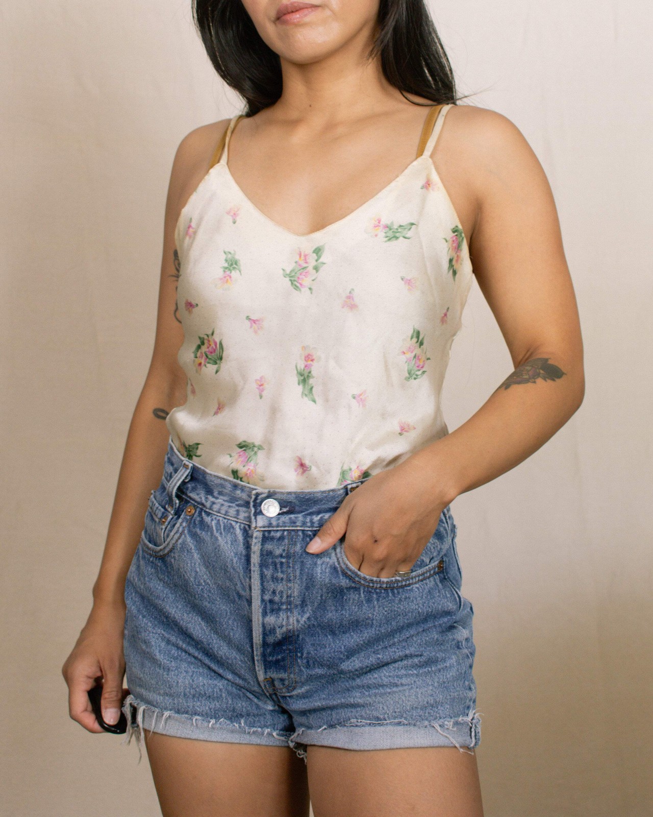Vintage 70s Joseph Magnin Cream/Yellow Silk Floral Tank Top | Size XS-S