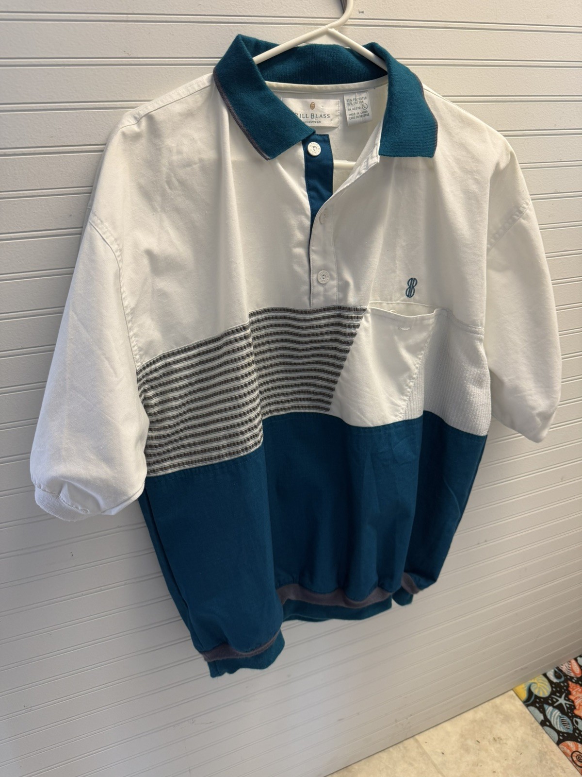 Bill Blass Men Vintage Top Teal Blue Polo Shirt White Upper chest relaxed sleeve