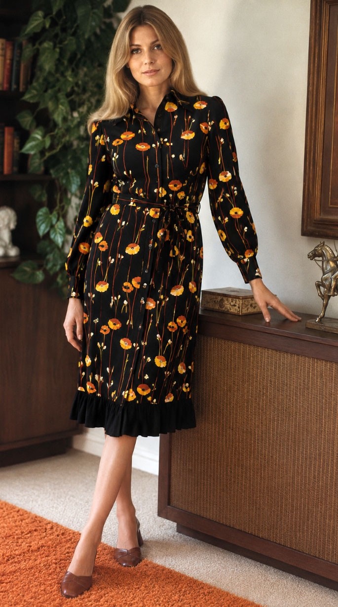 Vintage 70s Women’s LS Black Polyester Knit Floral Stripe Shirtwaist Dress Sz L
