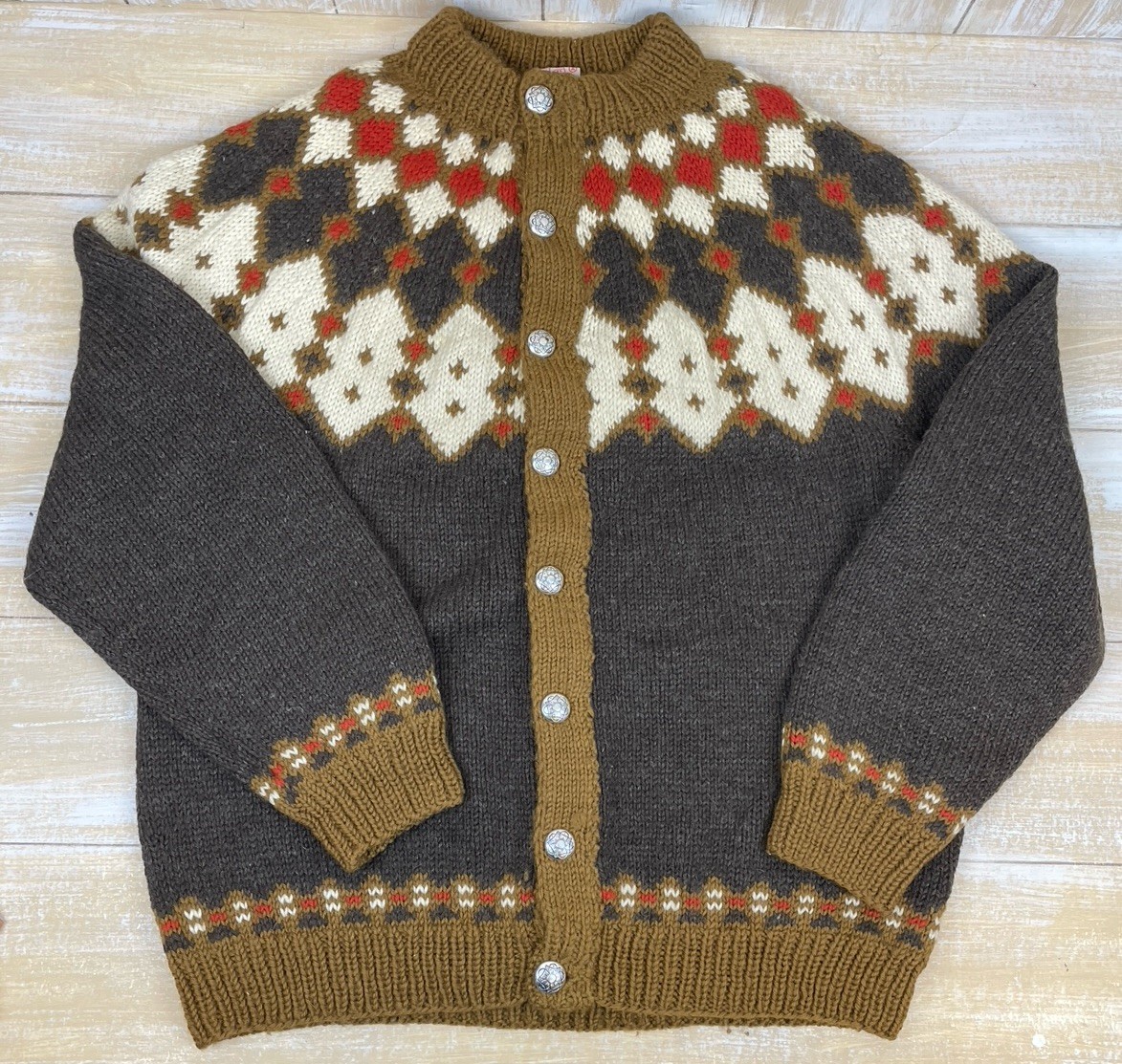 Vtg CJ Viking Womens Cardigan Sz L Hand-Knit Wool Fair Isle Scandinavian Denmark
