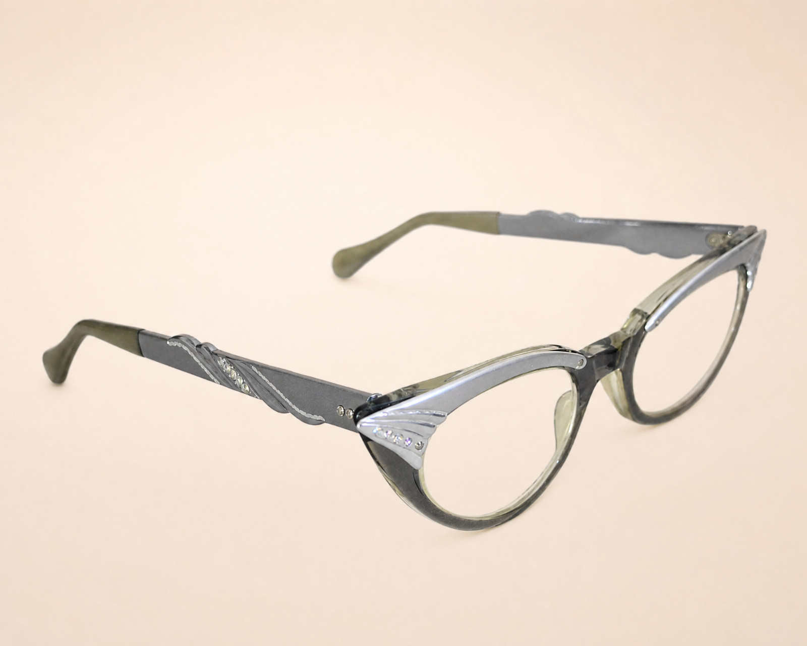 Vintage 1950s Cat Eye Eyeglasses Gray Aluminum Rhinestone AB Frames USA 5 1/4
