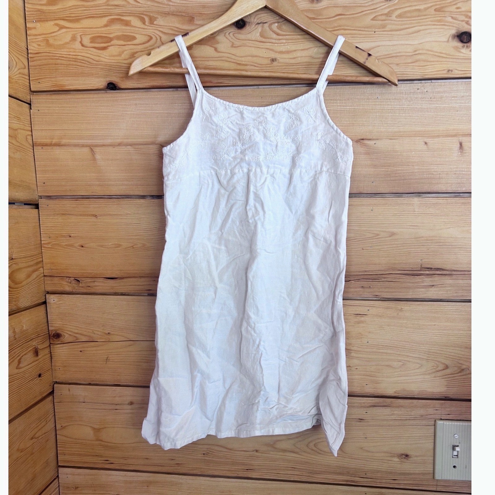 Vintage Linen Mini Slip Dress Kids Size 12 White Embroidered Boho 90s Y2K ESPRIT