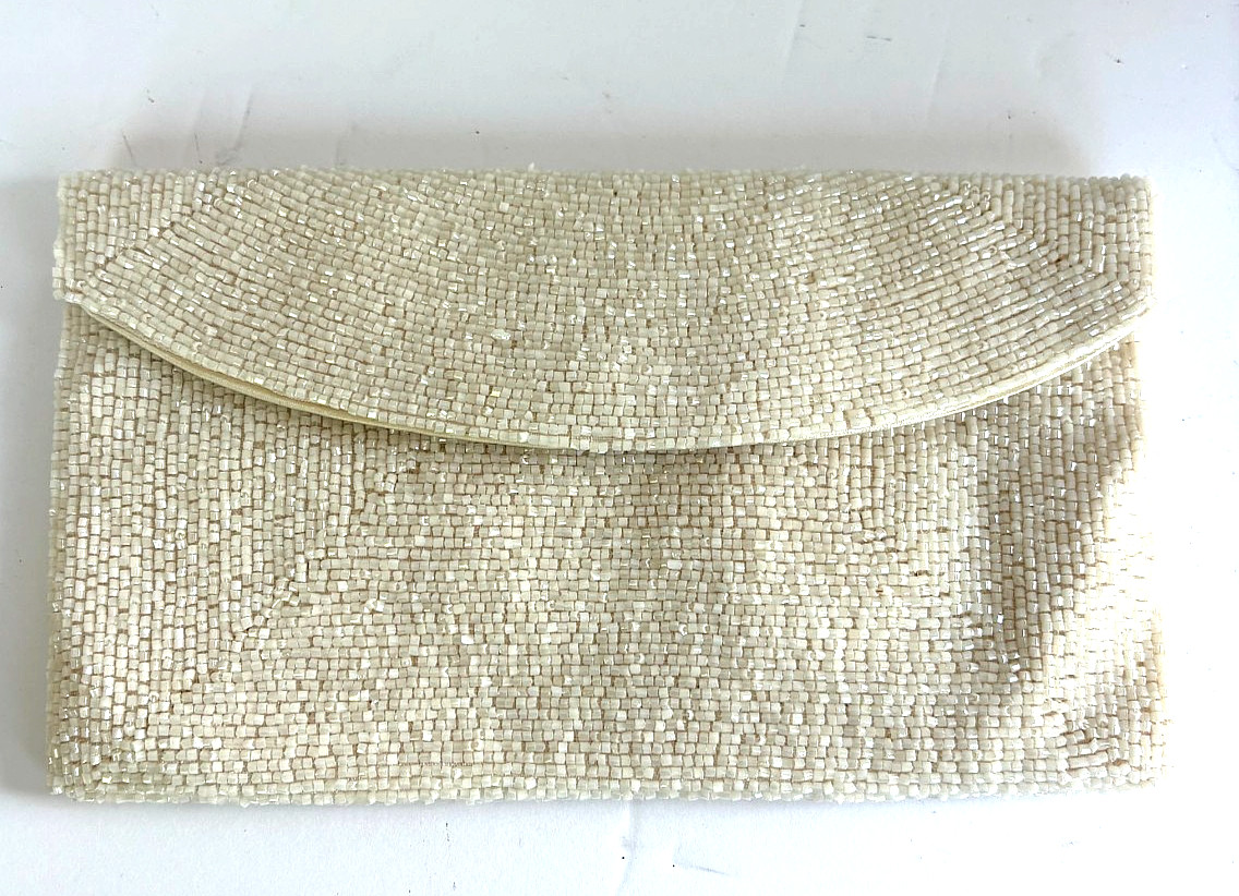 Vintage Richere Bag by Walborg Japan White Ivory Seed Bead Envelope Clutch Purse