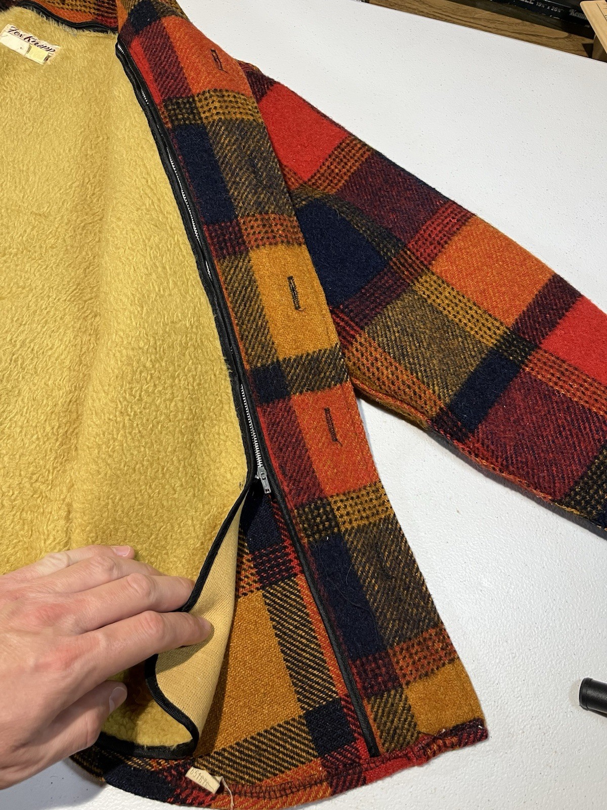 vtg 1970s Fox Knapp WOOL coat jacket SHERPA LINED orange plaid USA MADE women 16